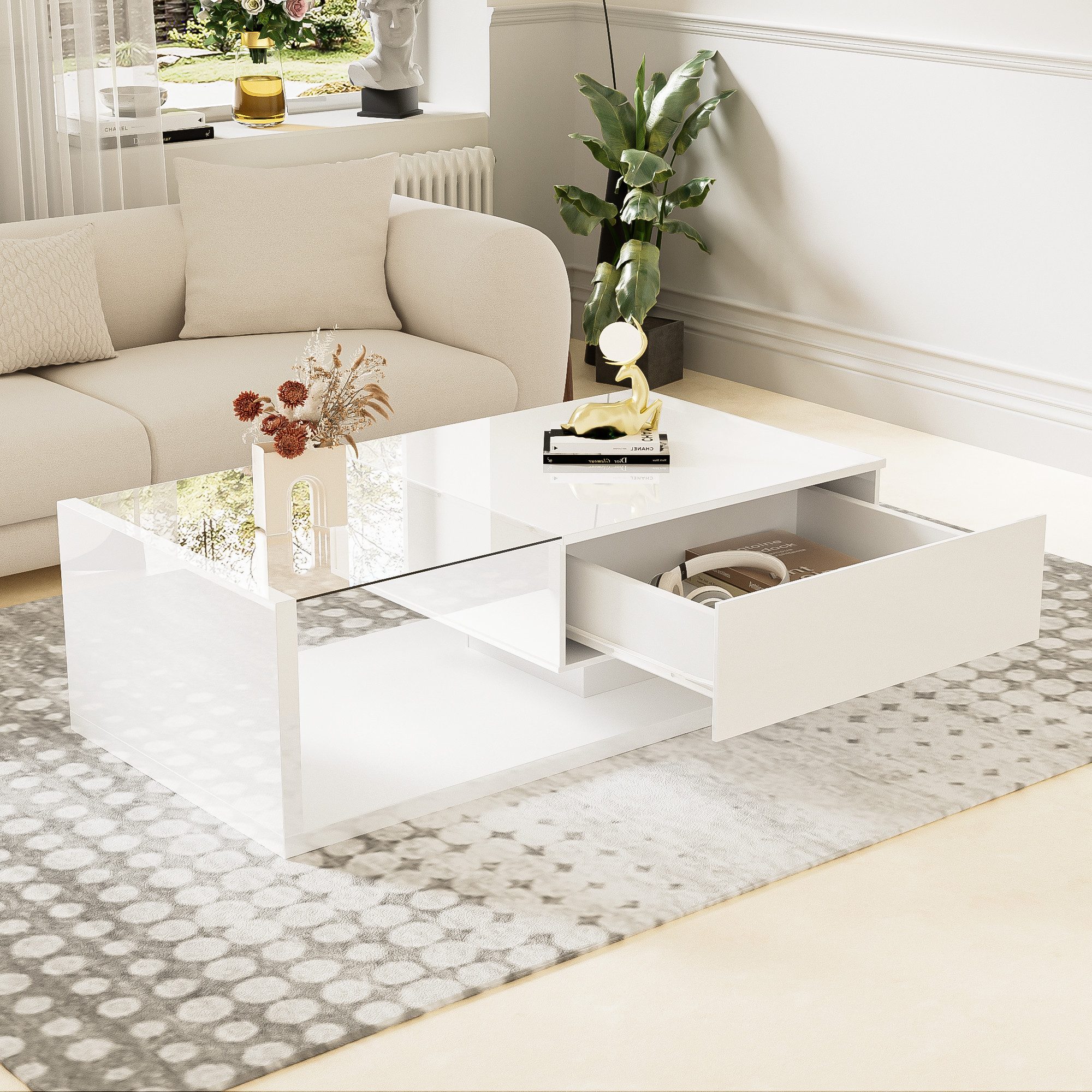 Merax Couchtisch mit Schublade und Glastischplatte, günstig online kaufen