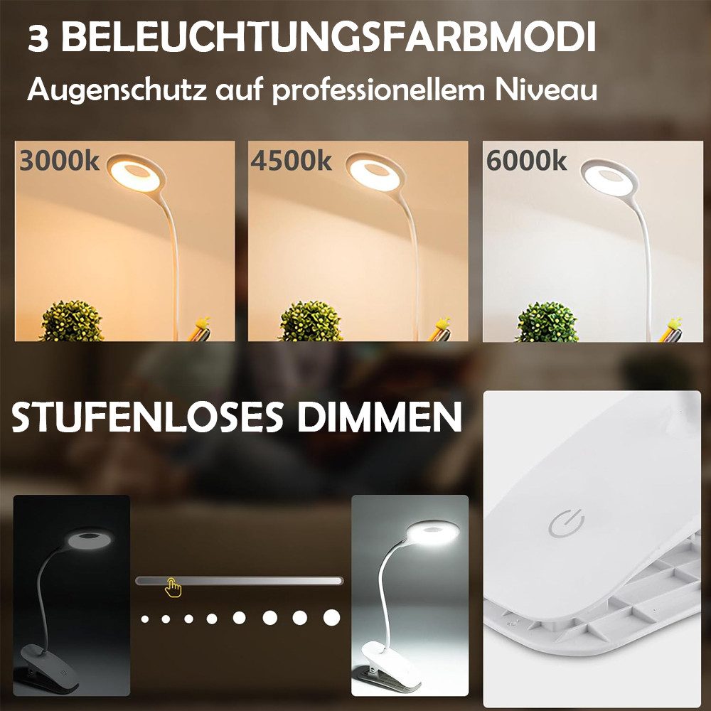 TUWENA LED Leselampe LED Klemmleuchten, Augenschone Touch Schreibtisch Klemmlampe Leselicht, Schwanenhals Leselampe,3 Helligkeitsstufen für Büro Heim Arbeitszimmer