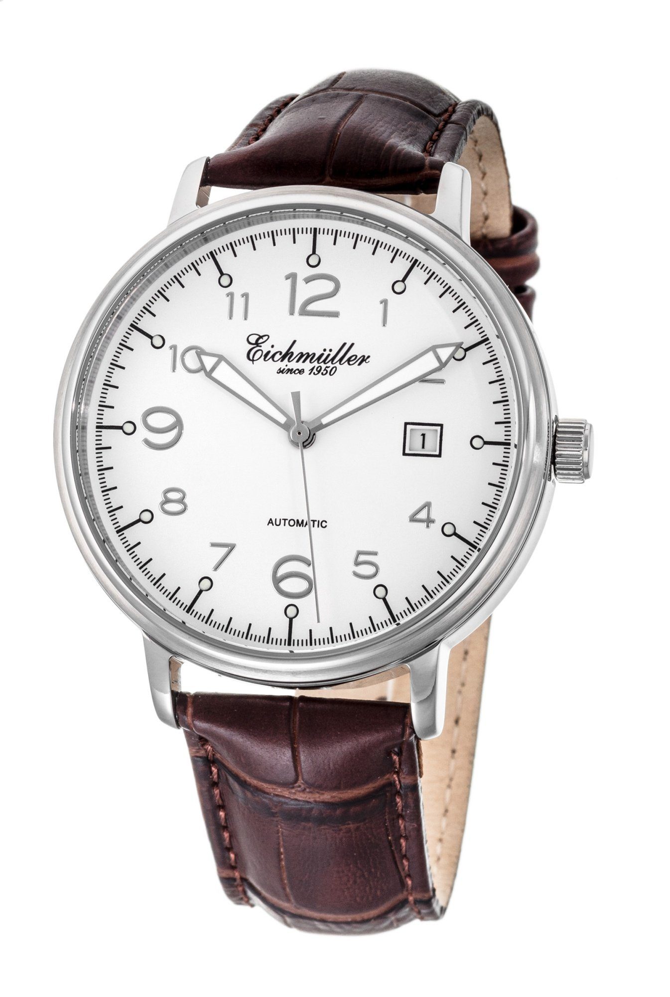 Eichmüller Automatikuhr RE7016 Herrenuhr Weiss Lederband Braun 42 mm