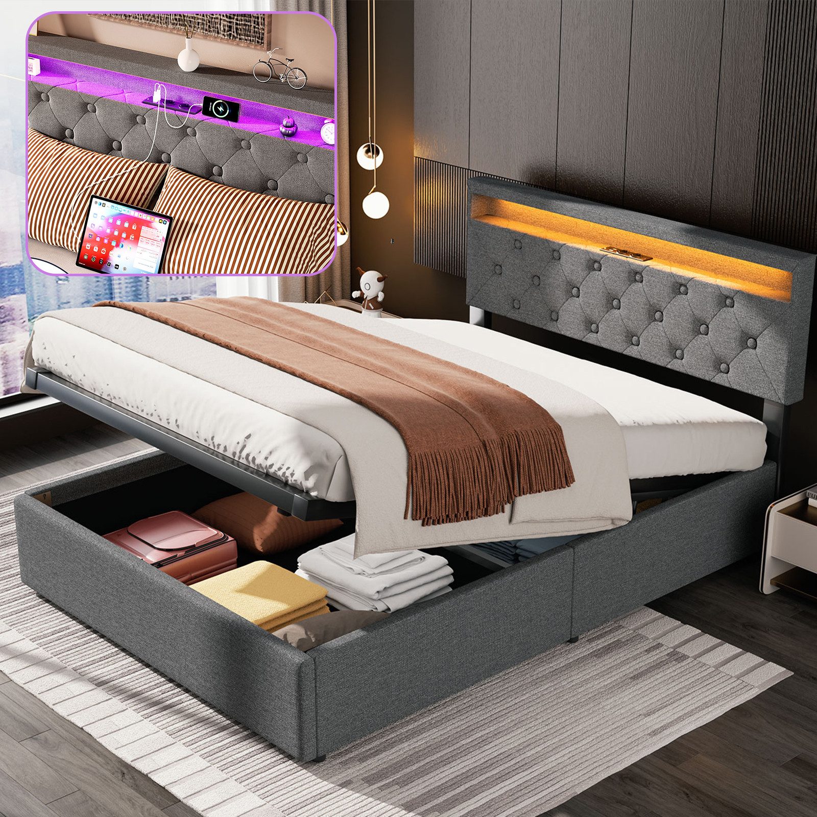 LETGOSPT Polsterbett Doppelbett 140x200cm hydraulischem Lattenrostmit günstig online kaufen