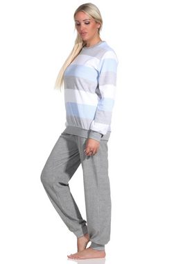 Normann Pyjama Damen Frottee Schlafanzug langarm mit Bündchen Blockstreifenoptik