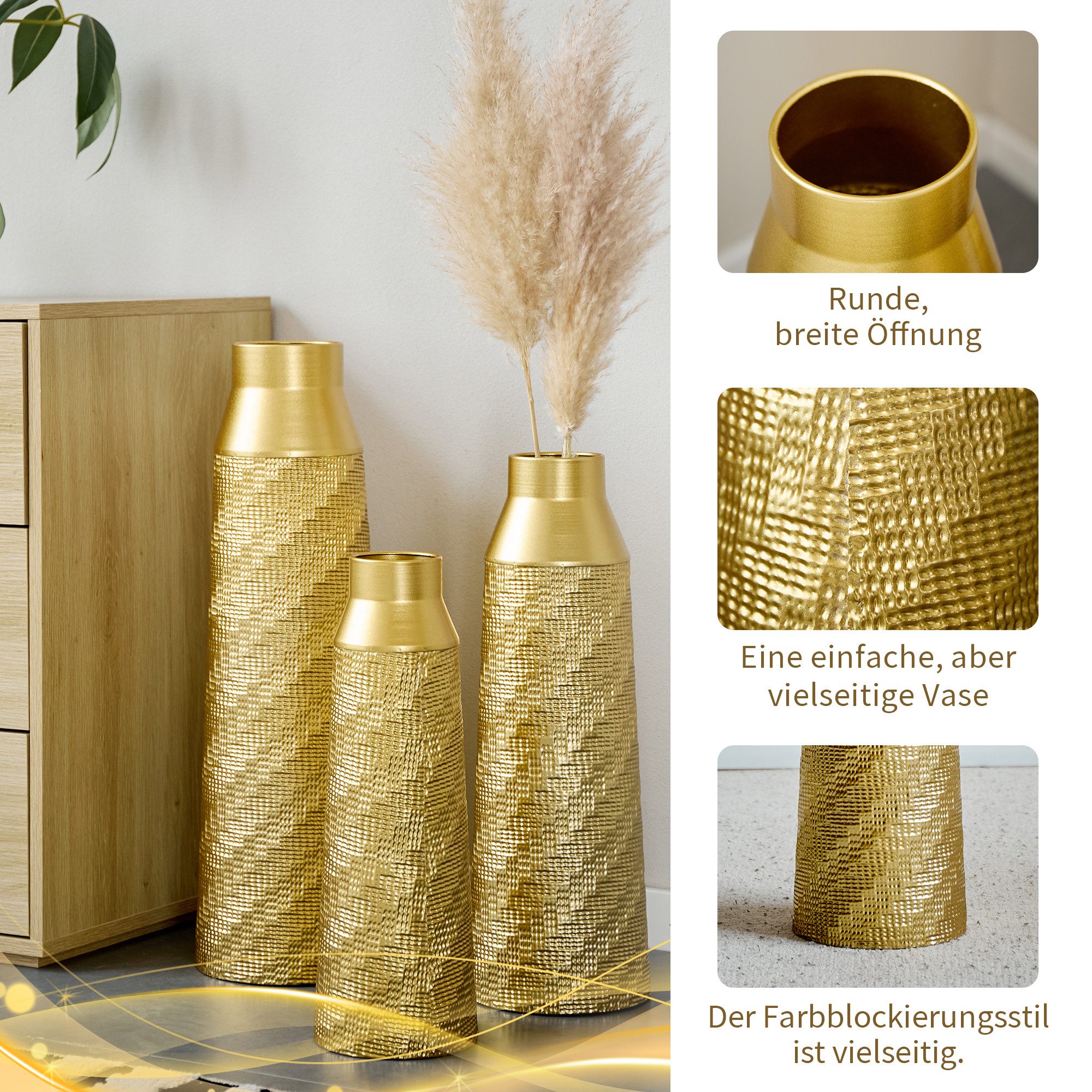 KLAM HOME Bodenvase Große Bodenvase 3er Set aus Metall, (50/65/83 cm), Mid-Century Modern (Dekovase Boden bis zur Decke reichende Vase, hohe dekorative Vase), V – Bild 3 von 5