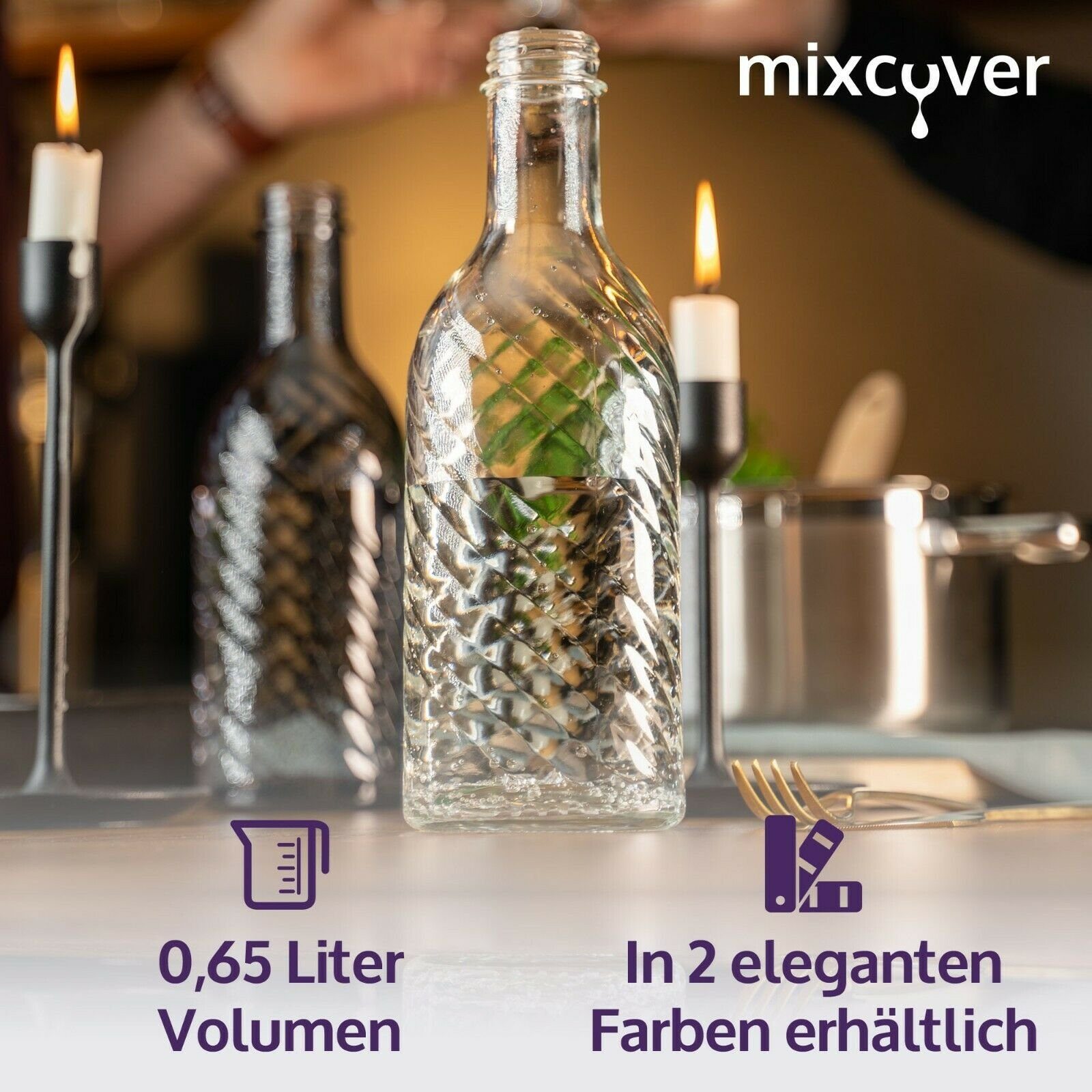 Mixcover Wassersprudler Flasche mixcover Glasflasche kompatibel mit SodaStream Crystal 2.0 mit 10% mehr Volumen Transparent