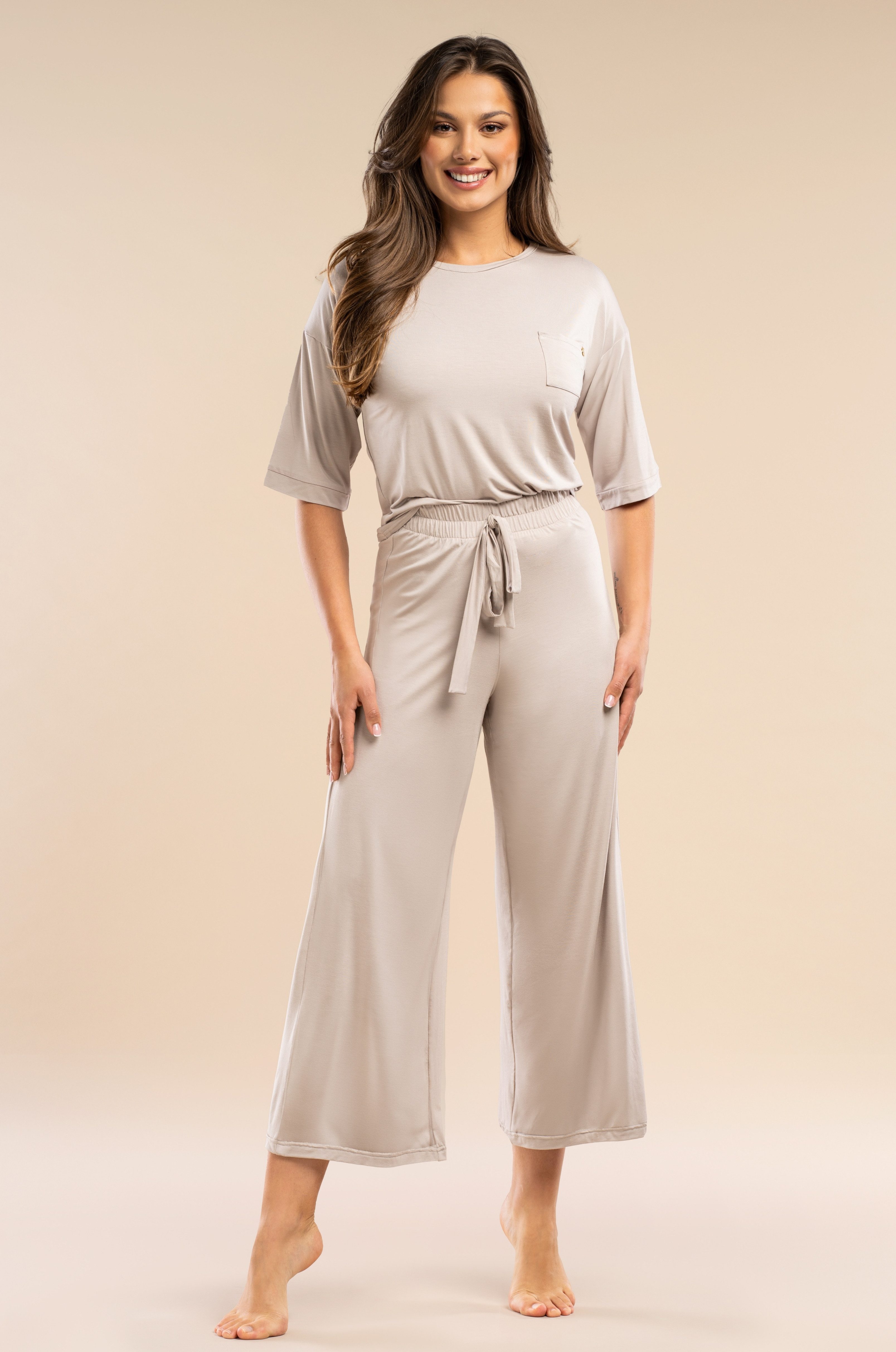 Mademoiselle Sommeil Pyjama Schlafanzug in Beige aus EcoVero™ Viskose – Halbarm & 7/8-Hose (2 tlg) edle Nachtwäsche aus luxuriösem Material