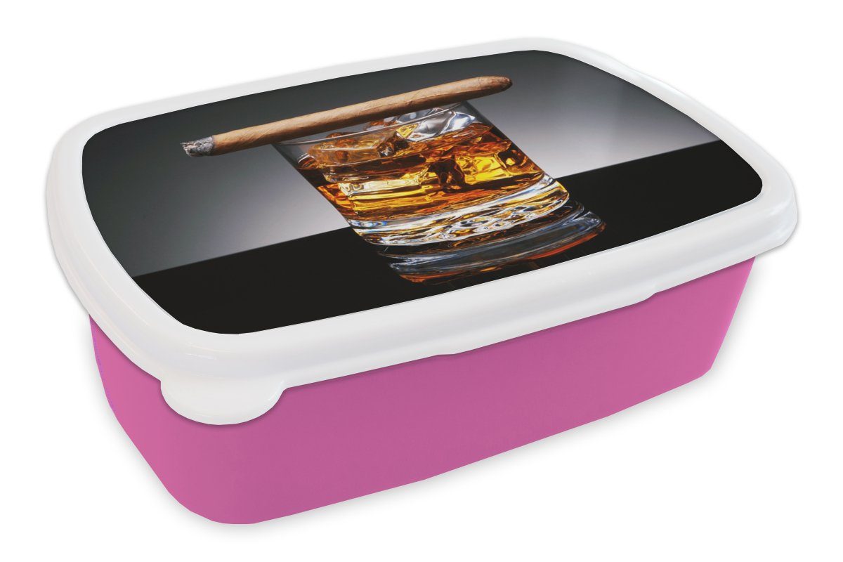 MuchoWow Lunchbox Whiskey - Zigarre - Glas, Kunststoff, (2-tlg), Brotbox für Erwachsene, Brotdose Kinder, Snackbox, Mädchen, Kunststoff rosa