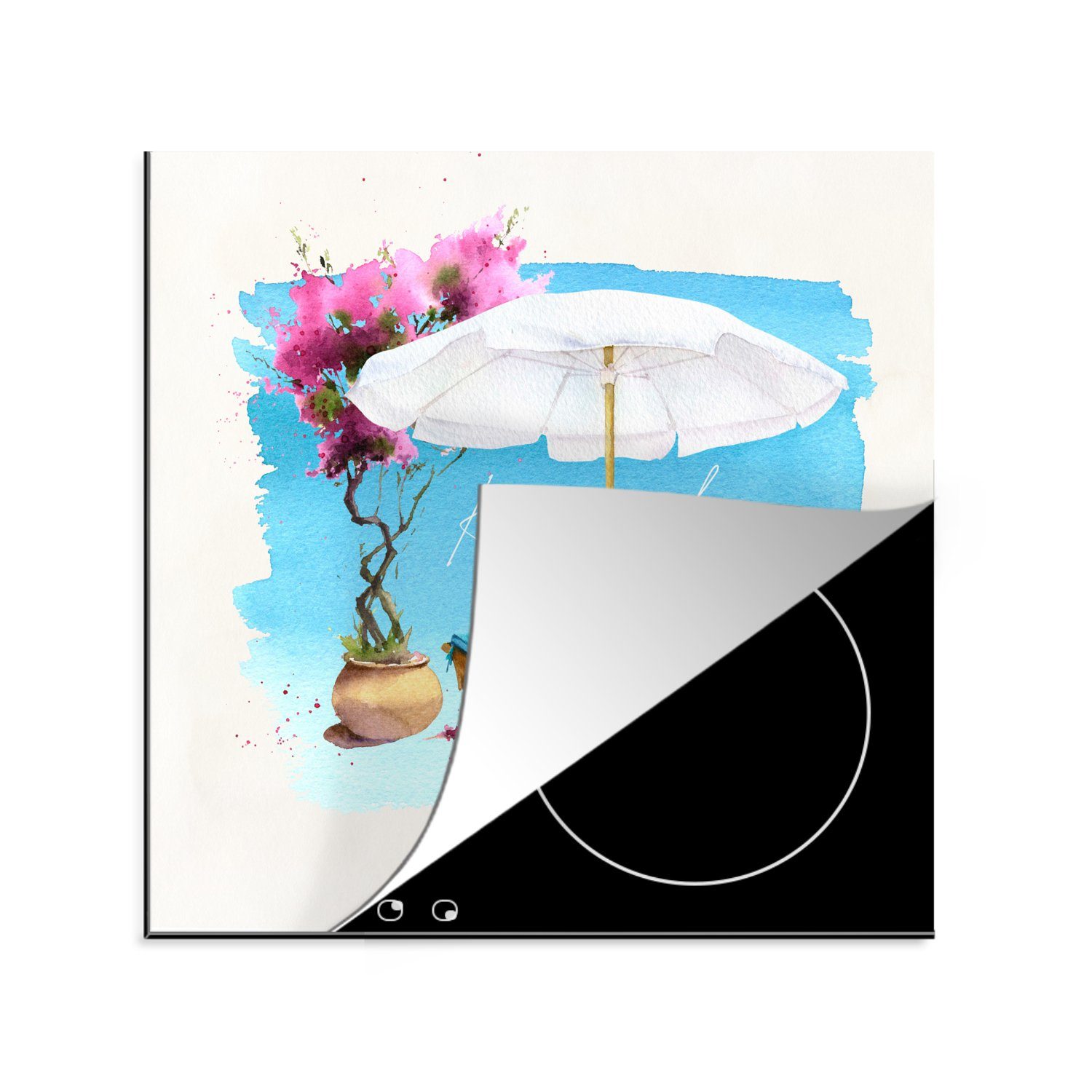 MuchoWow Herdblende-/Abdeckplatte Strandkorb - - Vinyl, Blumen küche Sonnenschirm - Ceranfeldabdeckung, 78x78 tlg), (1 cm, Arbeitsplatte Zeichnung, für