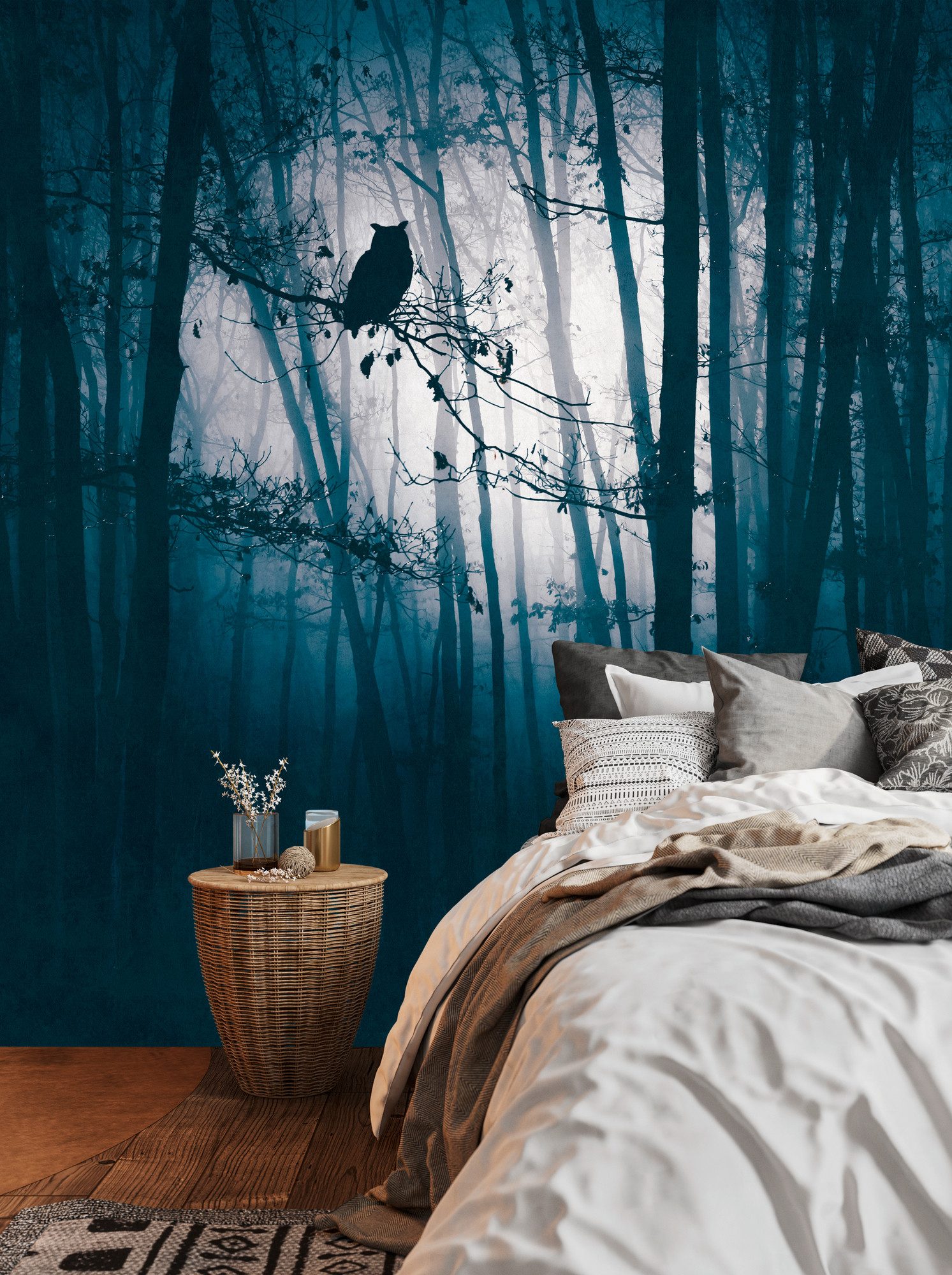 living walls Fototapete THE WALL III Wald-Tapete Motivtapete Eule Wald, glatt, matt, (1 St), Vliestapete Landschaft für Schlafzimmer Küche Wohnzimmer Wald Design