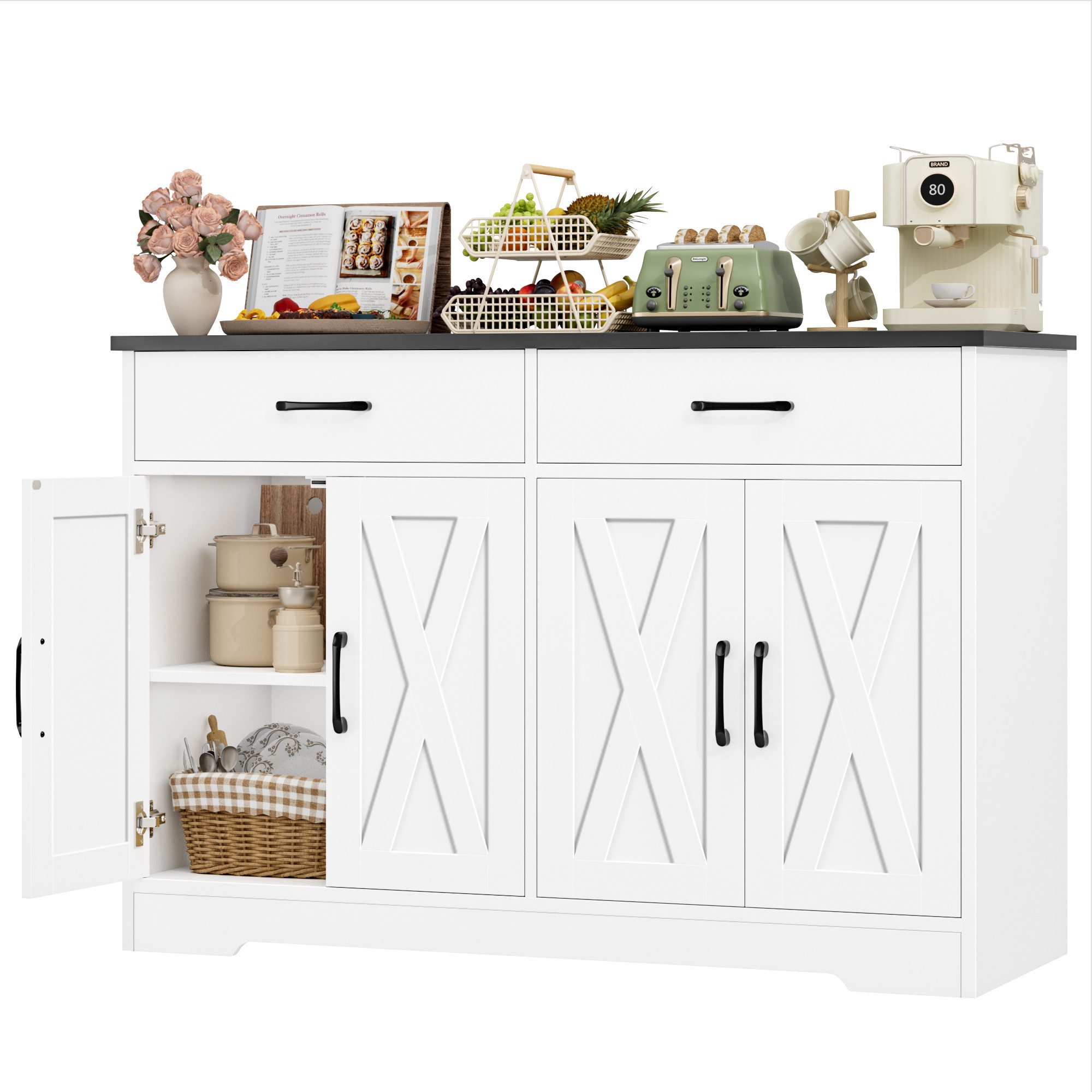 HOMECHO Buffet 120cm Breit Küchenschrank mit Arbeitsplatten, 2 Schubladen, 4 Türen