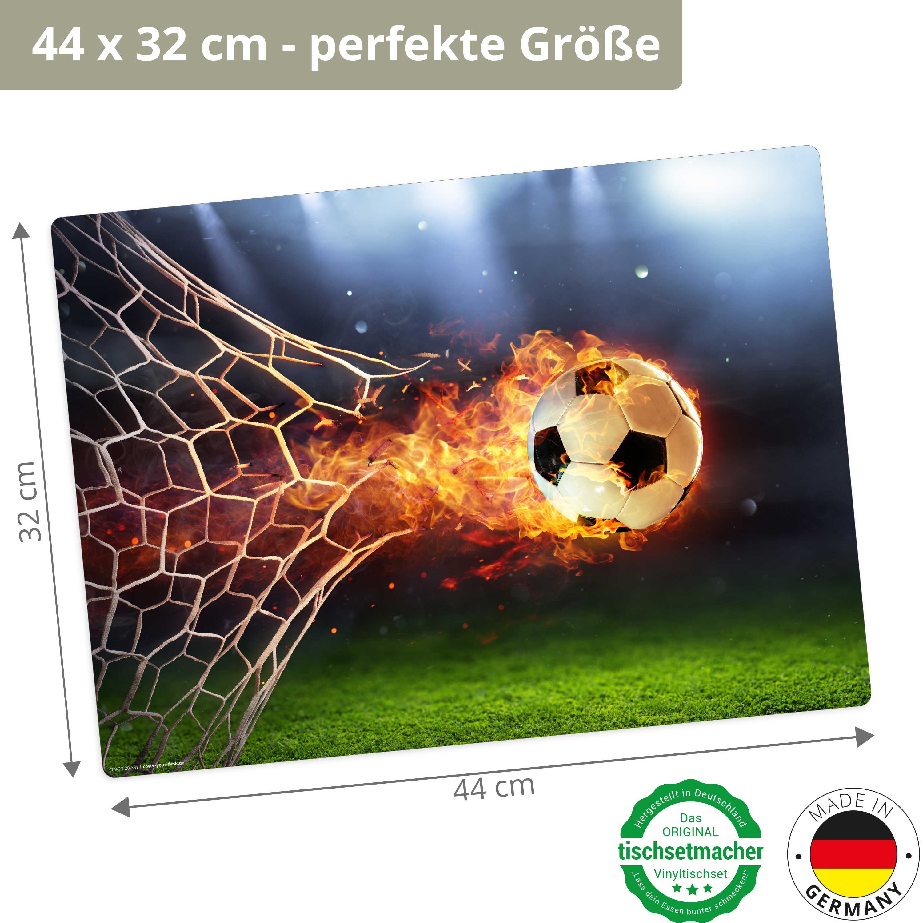 Tischsetmacher Platzset Tischset,  Platzset abwaschbar - für Kinder - Flammender Fußball, (aus erstklassigem Vinyl (Kunststoff - BPA-frei), 1-St., 44 x 32 cm - rutschfeste Tischdekoration), Made in Germany