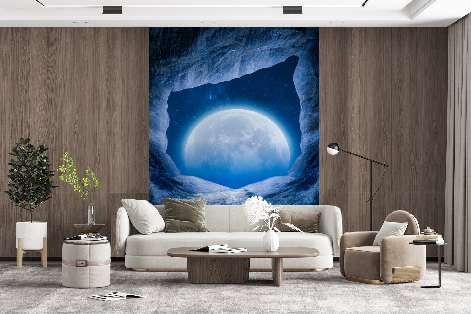 Montagefertig Blau, MuchoWow Wohnzimmer, - Höhle Vinyl Tapete (4 - Mond Matt, bedruckt, Wandtapete für - Weltraum - St), Universum Fototapete