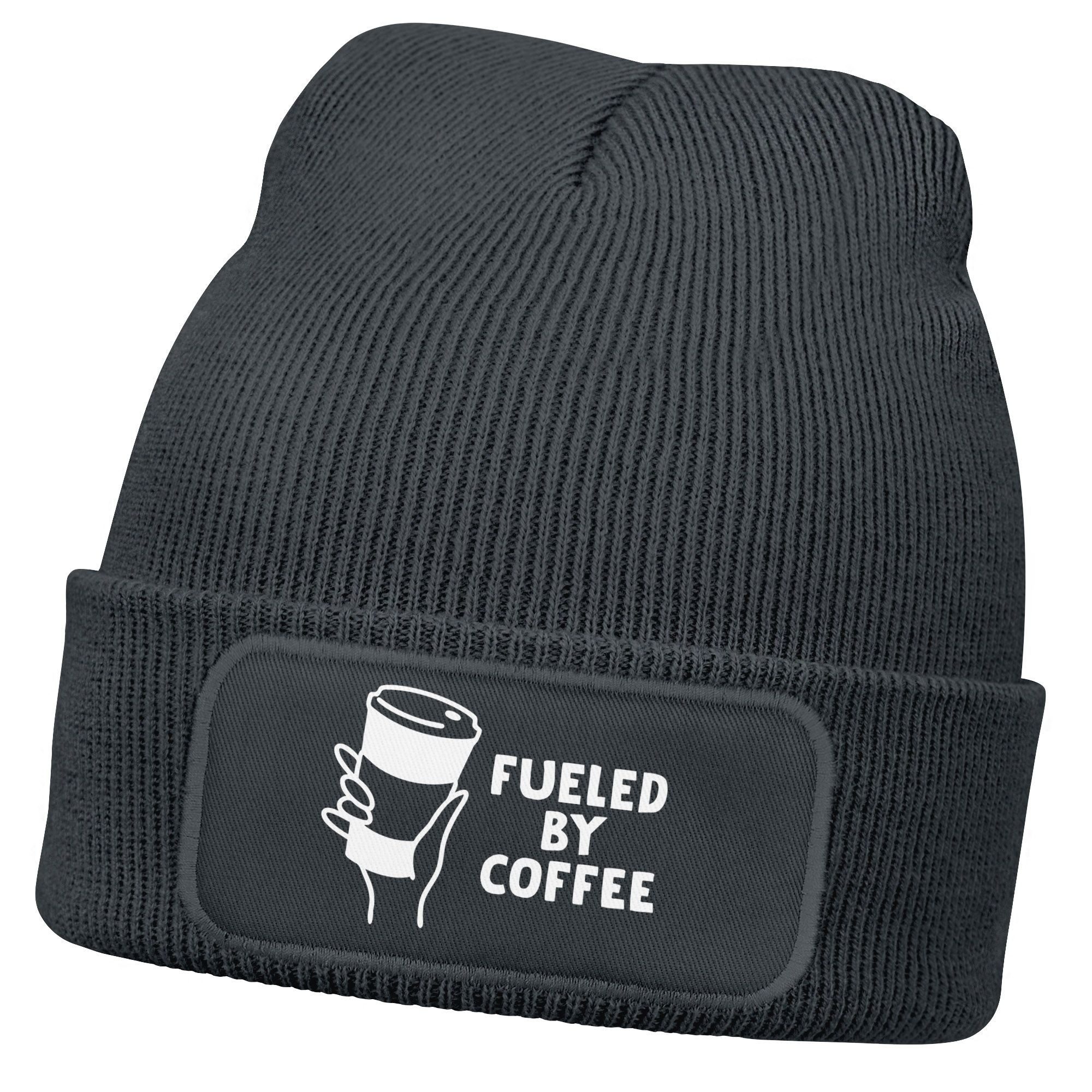 Beanie Herren Beanie mit Patch Strickmütze Spruch Fueled by Coffe Aufdruck