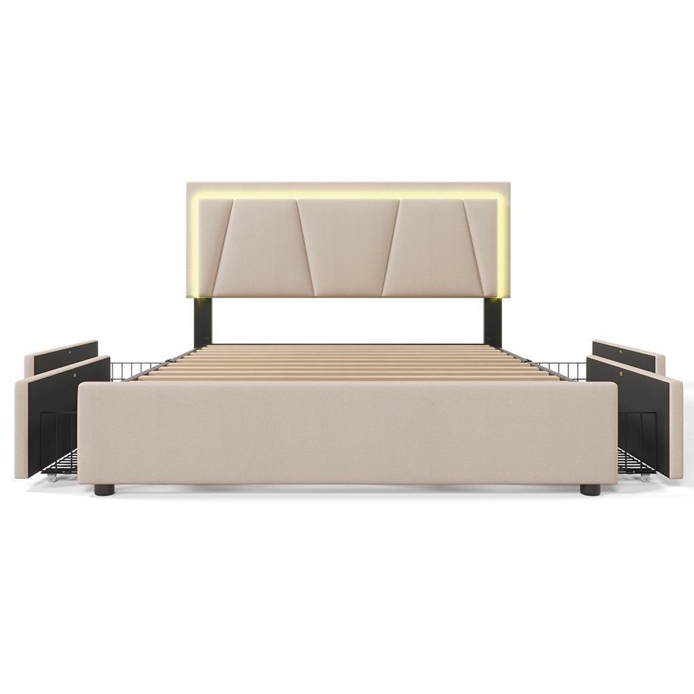 Polsterbett (Stauraumbett, mit Matratze), Doppelbett 160x200cm mit LED-Beleuchtung und 4 Schubladen