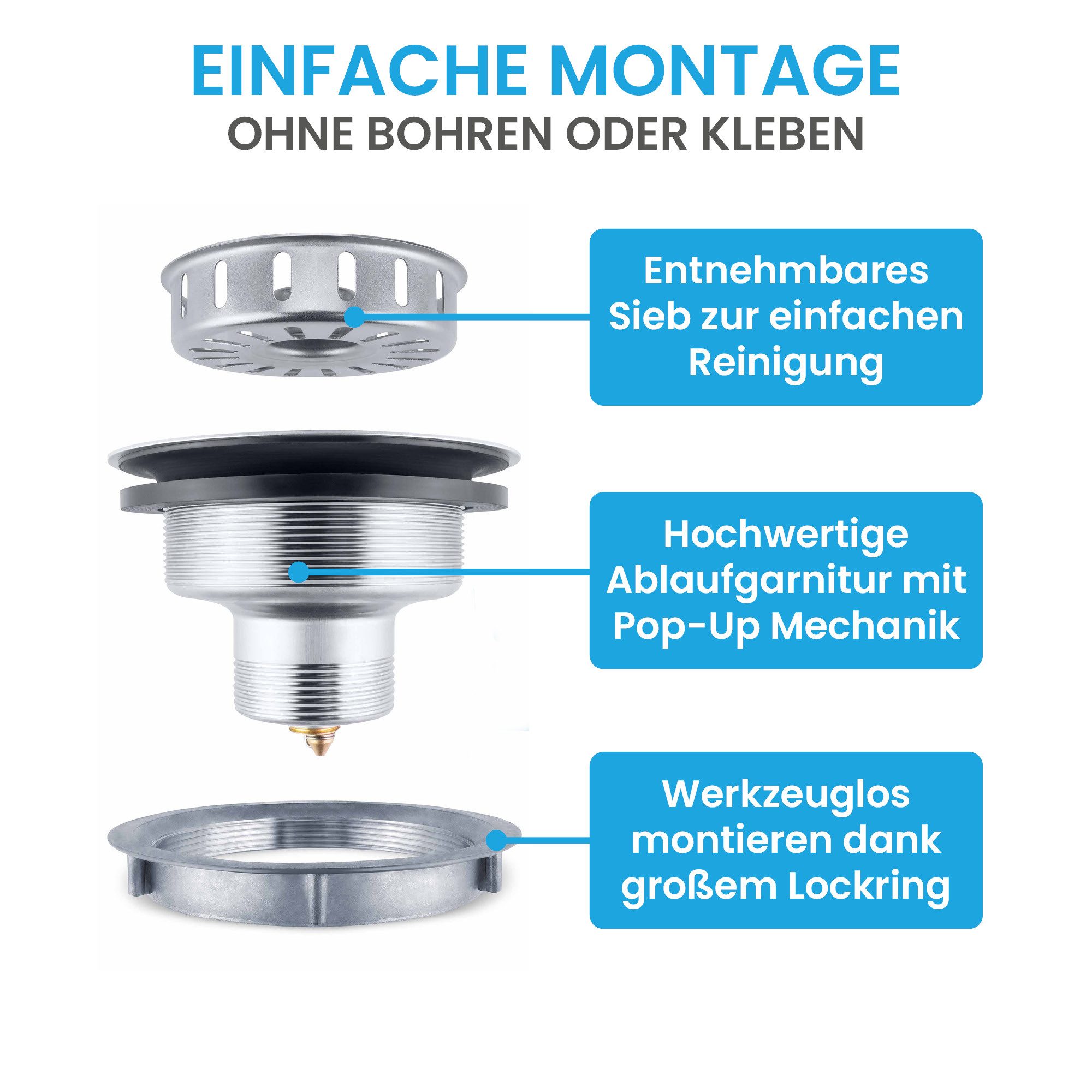 Bächlein Ablaufgarnitur Pop-up Küchenablauf, Ablaufgarnitur für Küchen-Spüle Pop-Up Funktion