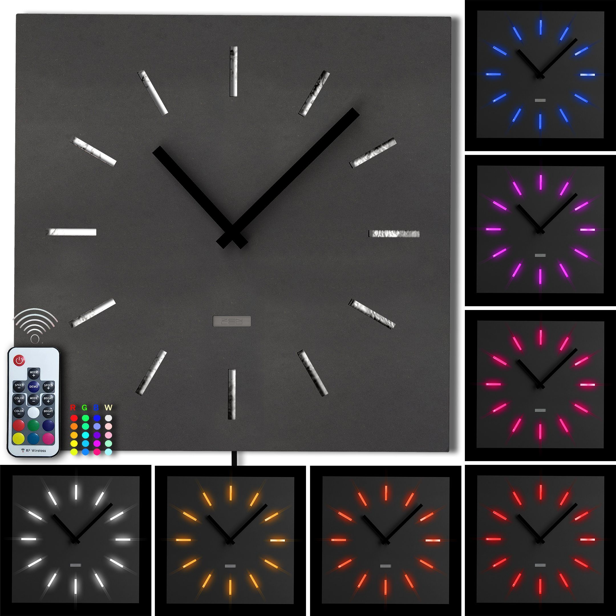 RGB Wanduhr GROTTO ZENLED Alu über Lichtobjekt Fernbedienung) mit ECKIG Schwarz mit Holz Stundenstrichen luxus (ausgeleuchtet Designer ALU mehrfarbig - steuerbaren mit 3D-Effekt 40cm LEDs in