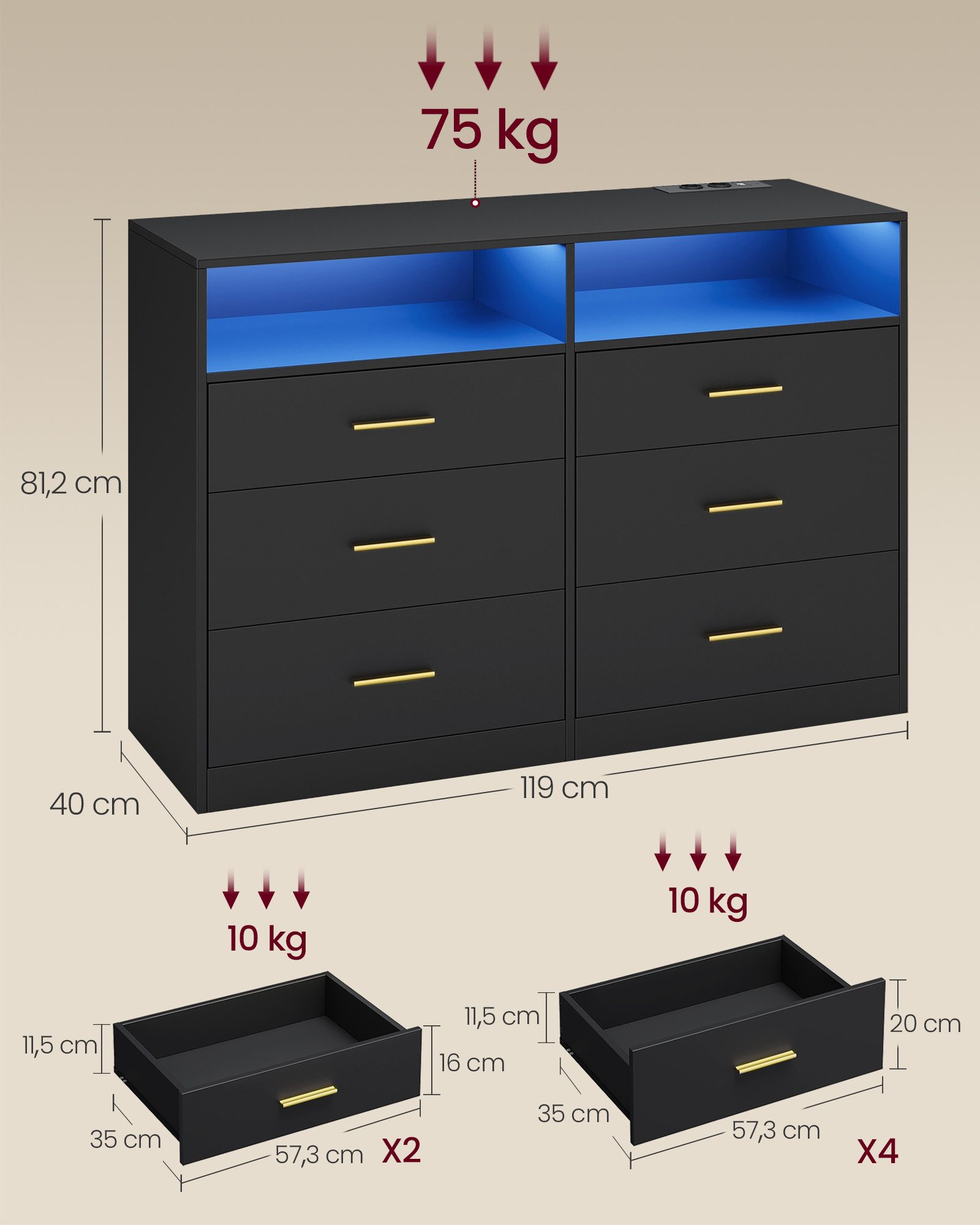VASAGLE Kommode Kommodenschrank mit LED-Beleuchtung und Steckdosenleiste, 6 Schubladen, 40 x 119 x 81,2 cm, Wohnzimmer, Schlafzimmer, modern – Bild 4 von 5