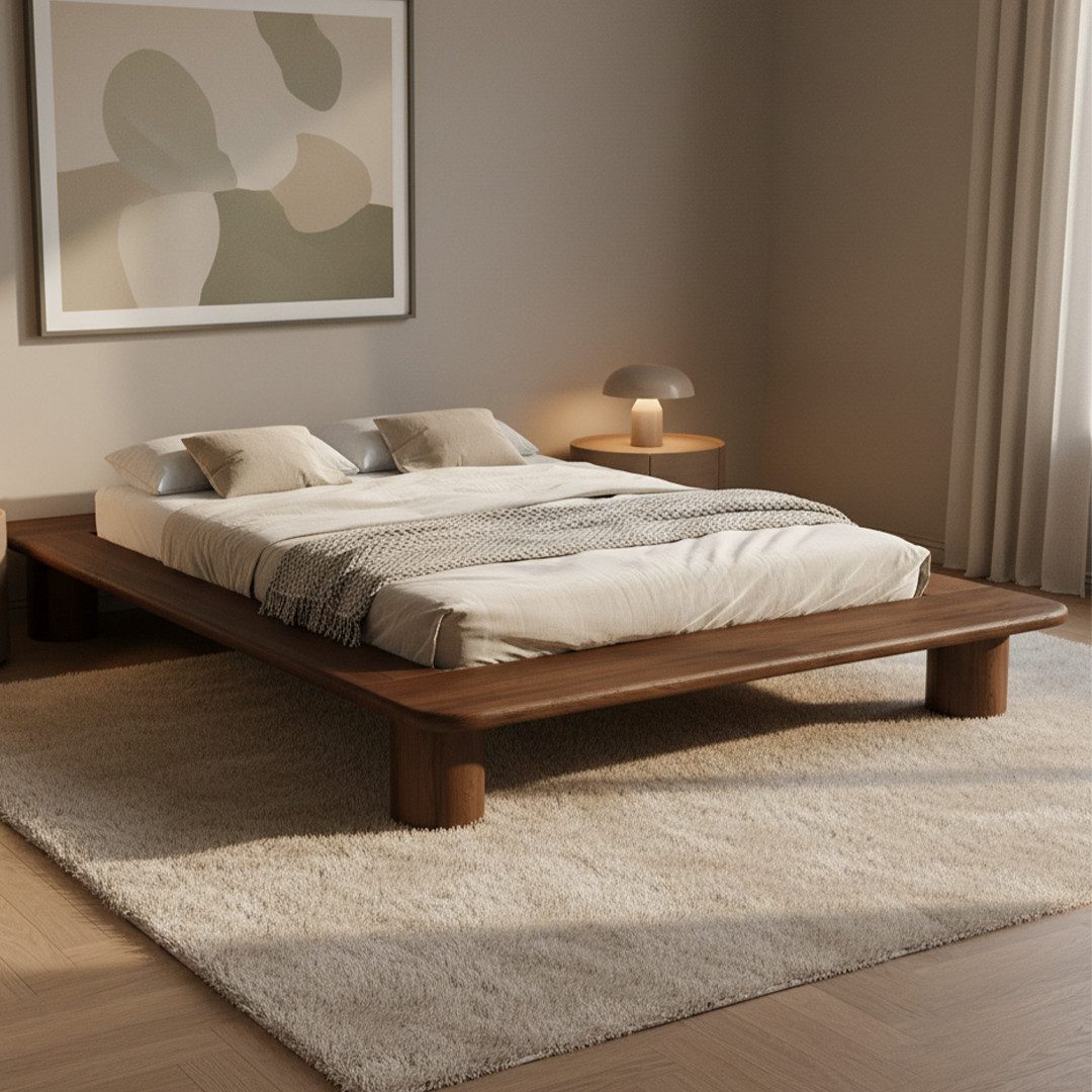 skølm Futonbett Vestri aus massiver Eiche (Walnussoptik, 140x200 cm), Massivholzbett lackiert, niedriges Doppelbett mit 25 cm Höhe