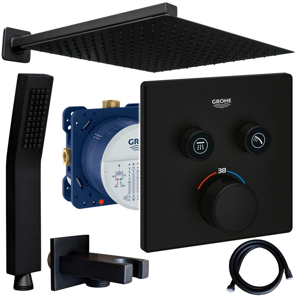 Grohe und Jowi Duscharmatur SmartControl Unterputz Thermostat, Schwarz, Regendusche, Kopfbrause (Unterputz-Duschsystem, Komplettset inkl. Thermostat) Mattschwarz, Thermostat