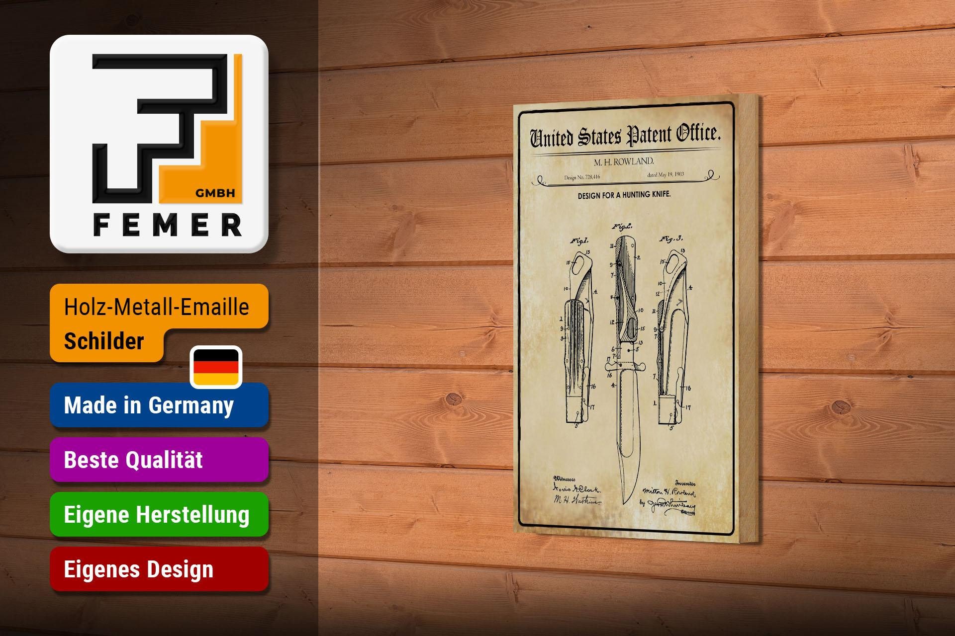 Femer GmbH Holzbild Patent 12x18 cm Entwurf für ein Jagdmesser, (1 St), Glatte Holzfaserplatte (MDF), vorn beschichtet