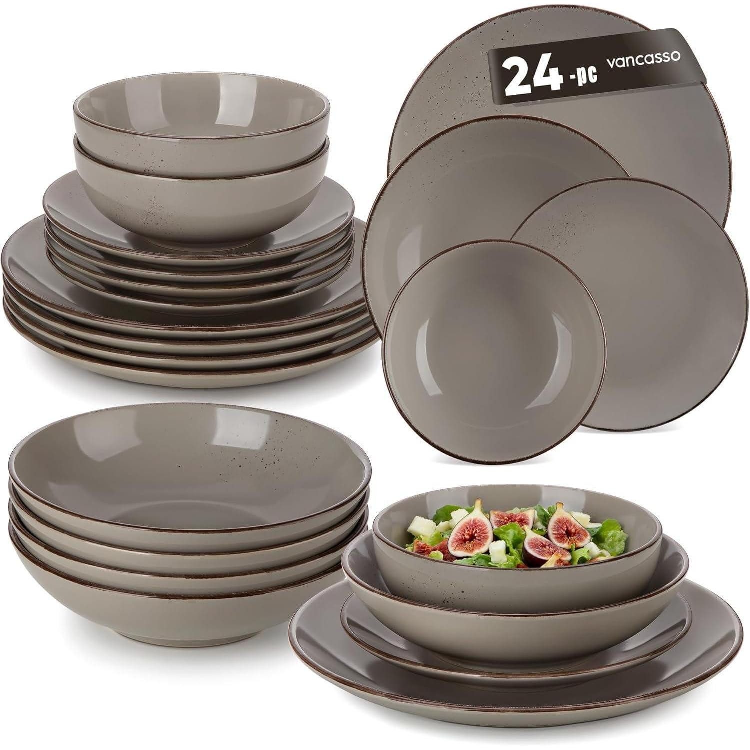 LuxusKollektion Kombiservice Geschirrset 6 Personen Steingut Speiseteller 24 Teile Set Grau