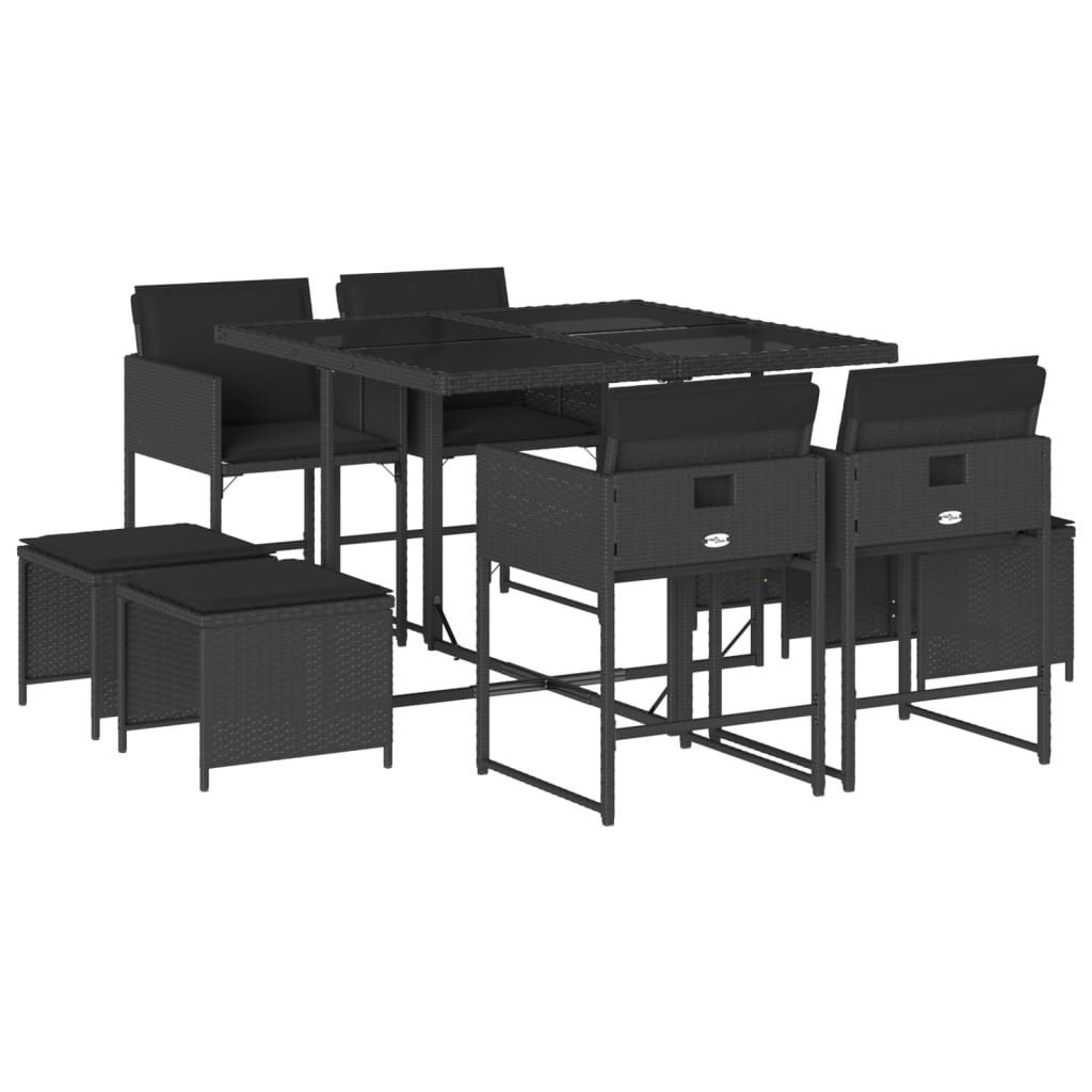 vidaXL Garten-Essgruppe 9-tlg. Garten-Essgruppe mit Kissen Schwarz Poly Rattan, (8-tlg)