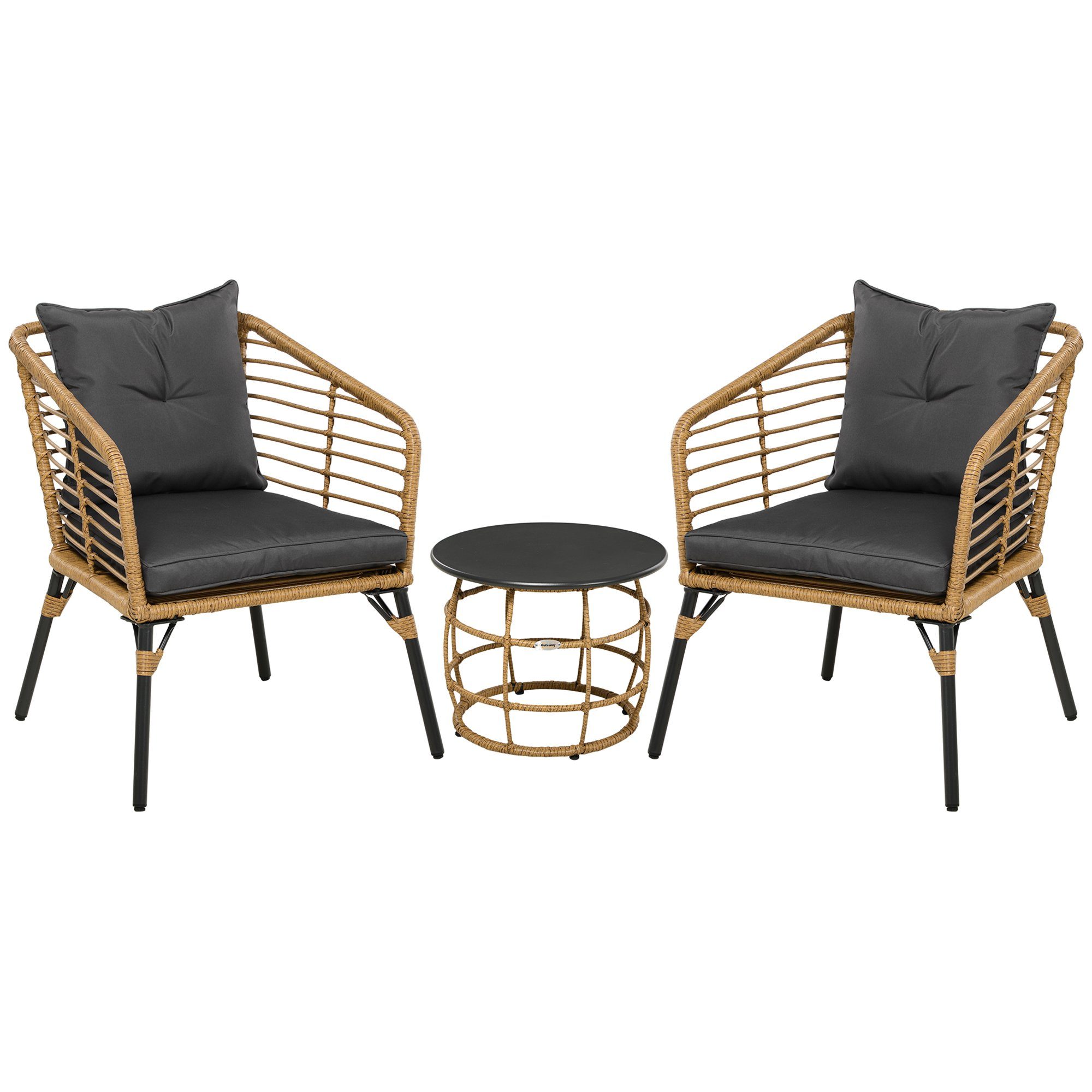 mit Bistro-Set, Outsunny 2 wetterbeständig, 3-tlg., Gartenmöbel-Set), Stühlen Tisch Sitzgruppe Rattan (Set, 3-teiliges