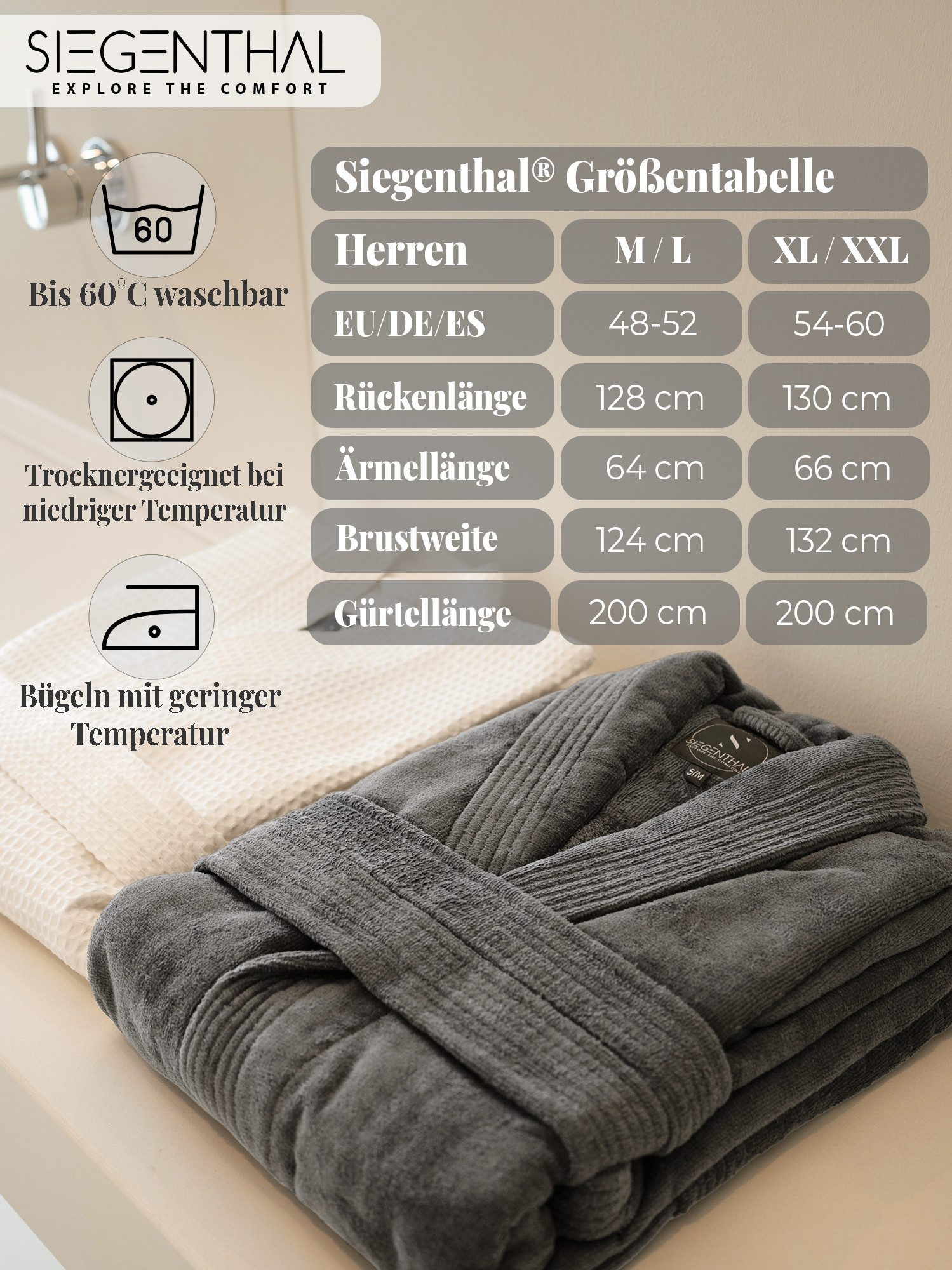 SIEGENTHAL Herrenbademantel Bademantel Herren Schalkragen Knielang, Schalkragen, Gürtel, Knielang, 100% Baumwolle, weich und elegant