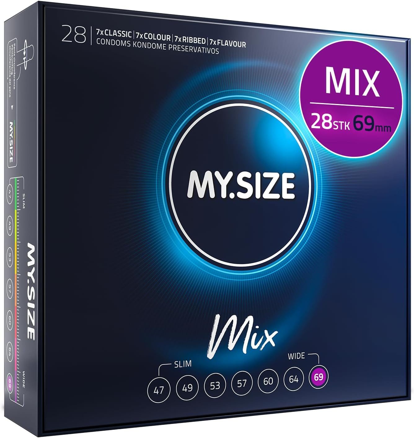 MY.SIZE Kondome Mix, gemischte Kondome in individueller Passform, blaue, rote mit Erdbeeraroma, gerippt, classic