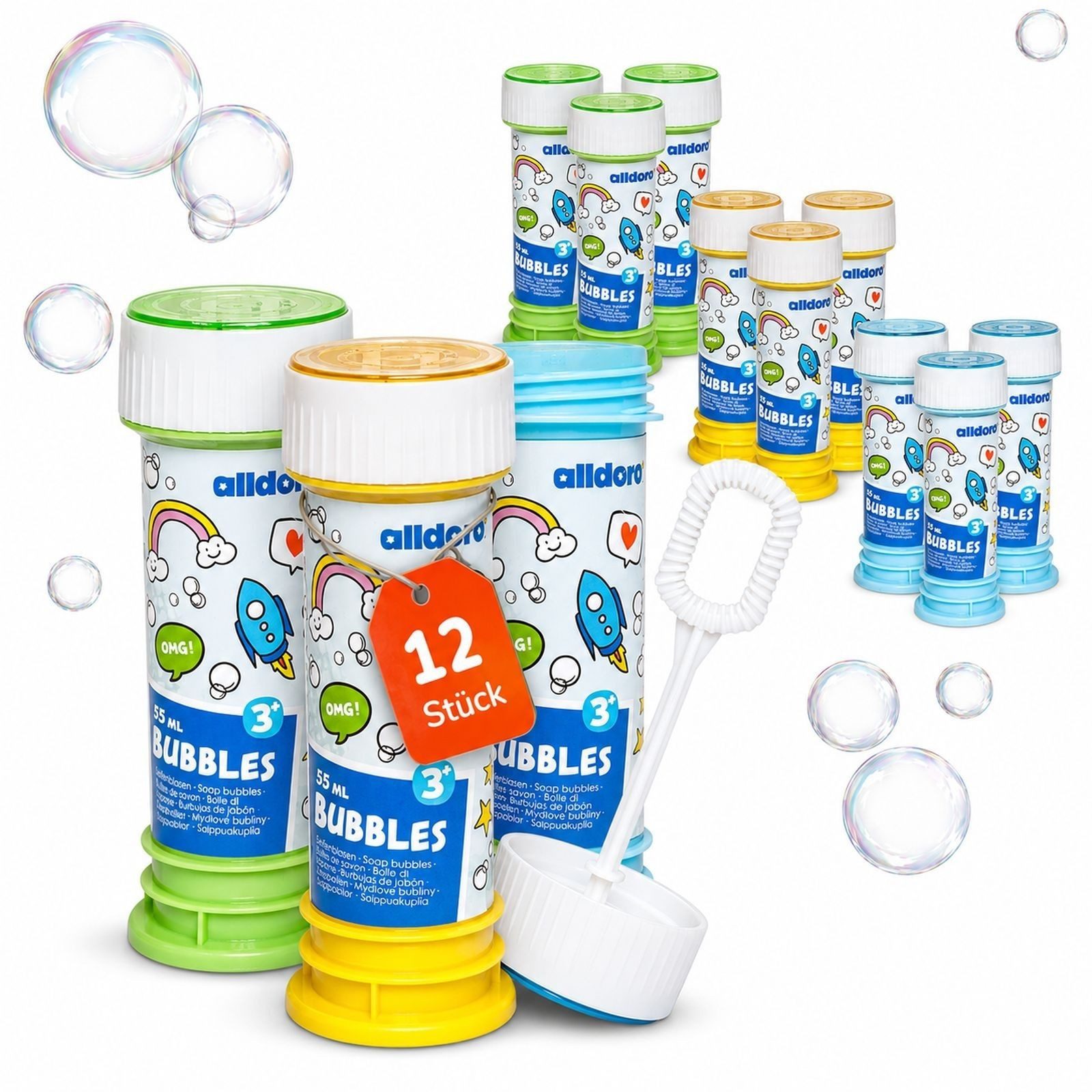 alldoro Seifenblasenstab 12er Seifenblasen-Set, Seifenblasenstäbe mit Murmelspiel im Deckel, Bubbles für Party, Kindergeburtstag, Hochzeit & Mitgebsel ab 3 Jahren