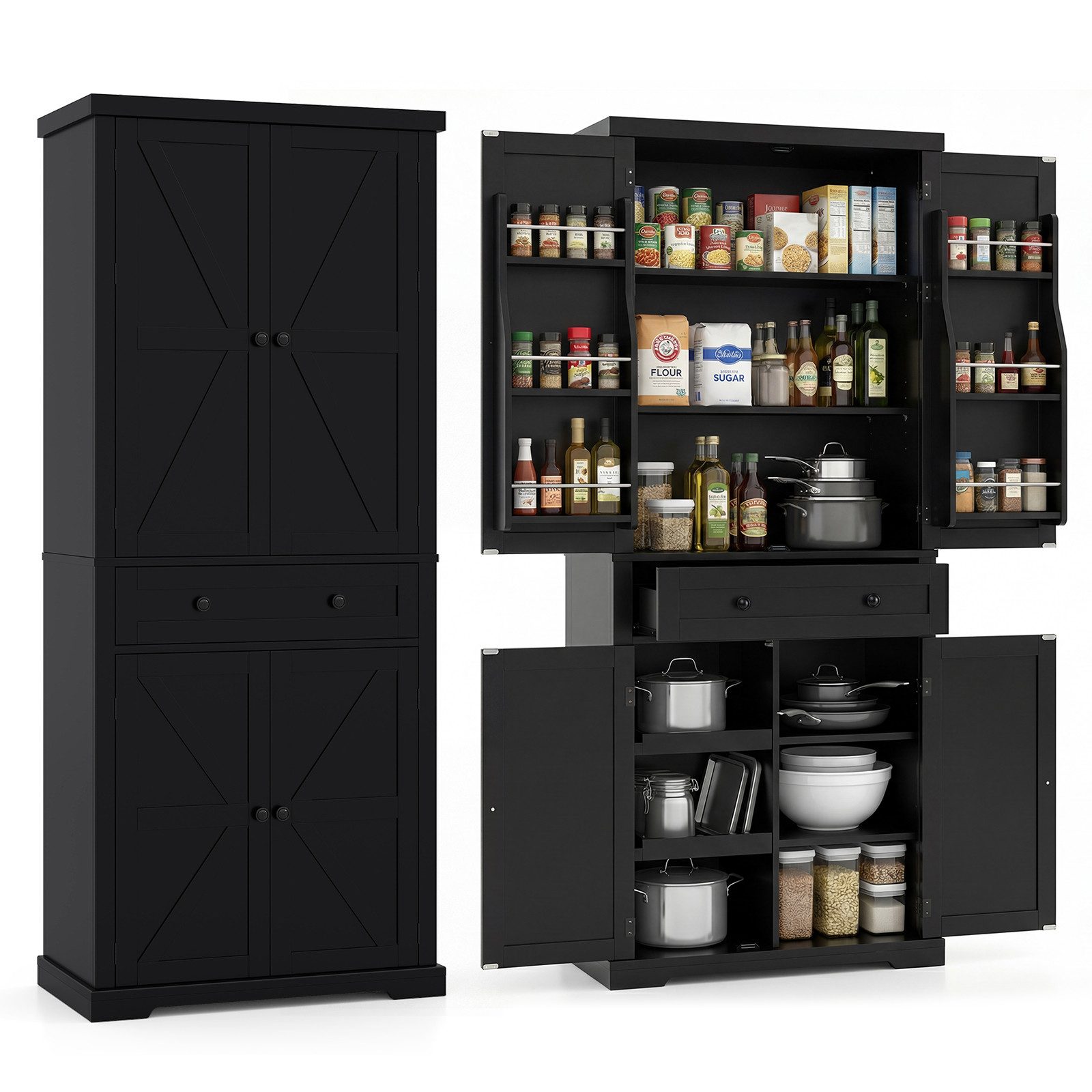 COSTWAY Vorratsschrank Küchenbuffet Hochschrank, mit Schiebetabletts, 184cm