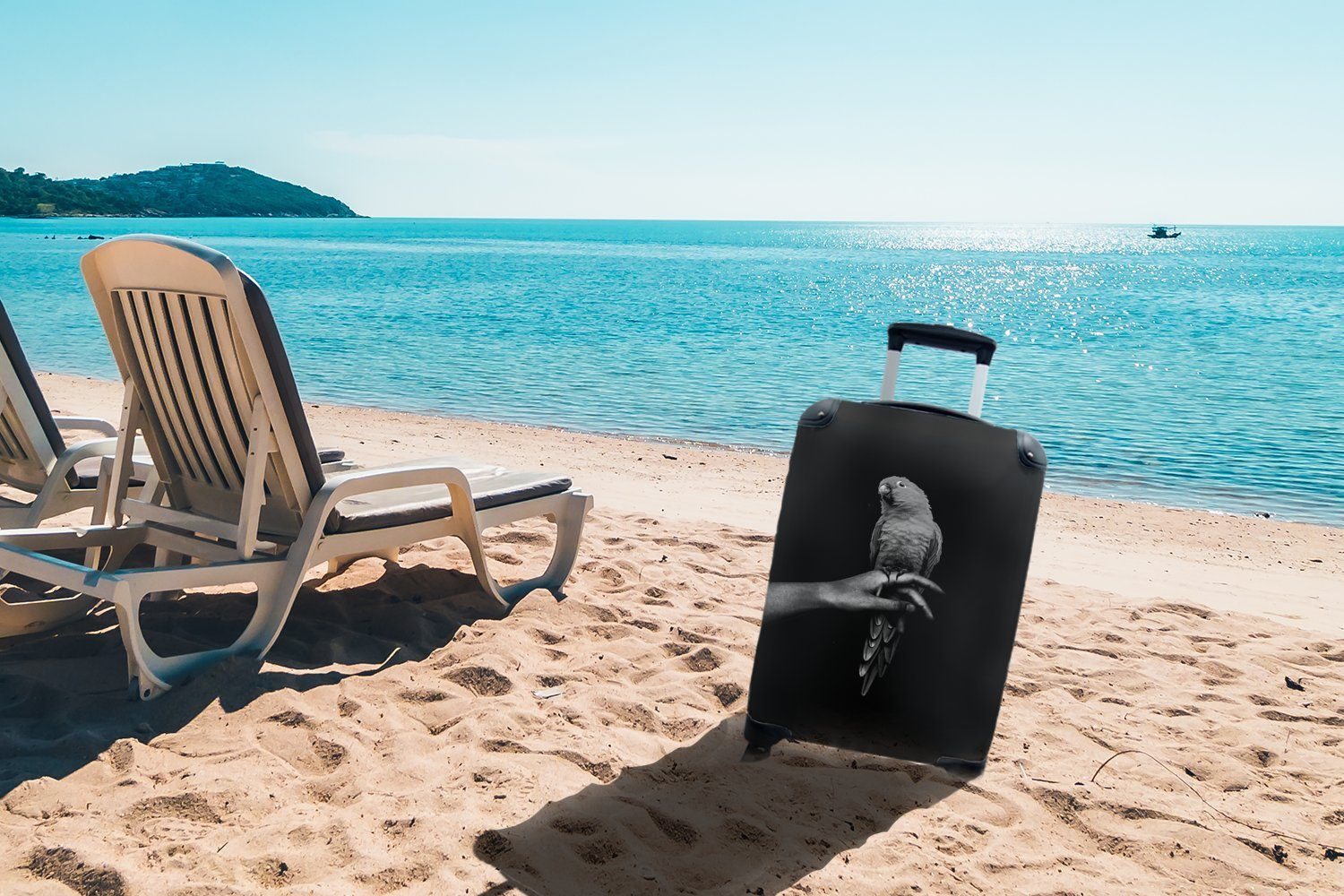 schwarz einer Reisekoffer Trolley, mit vor Papagei schwarzen Hintergrund auf Reisetasche für Ferien, einem Handgepäck Hand Handgepäckkoffer - MuchoWow rollen, und, 4 Rollen,