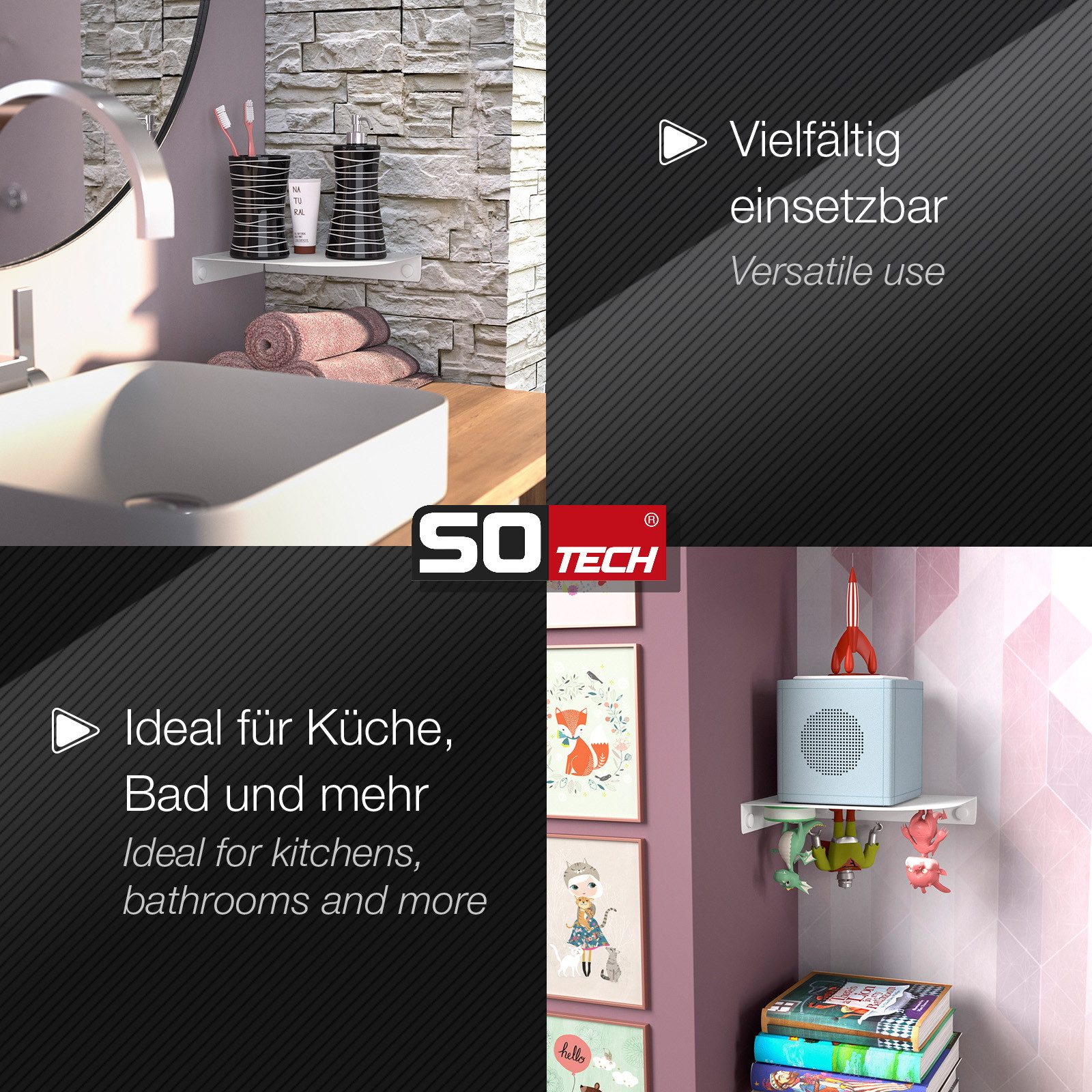 SO-TECH® Wandregal Eckregal HOVER 20/30 x 15/20 x 3 cm inkl. Befestigungsset, 3-tlg., Wandmontage, für Bad Küche oder Wohnzimmer, Weiß – Bild 5 von 5