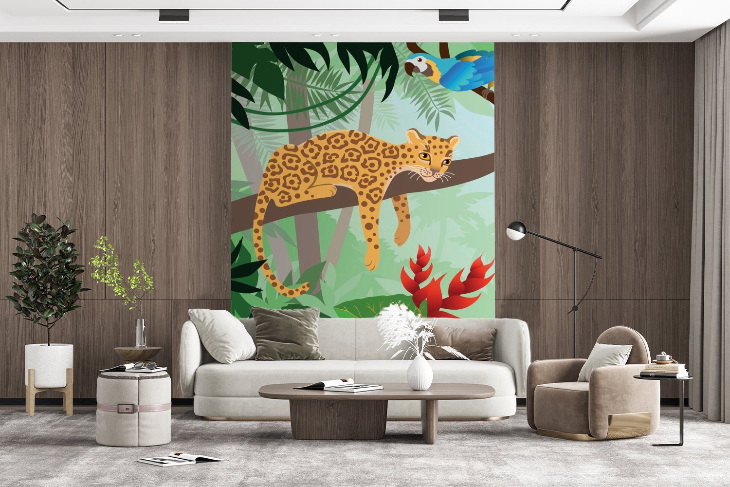 Dschungeltiere MuchoWow Tapete - - bedruckt, für Mädchen - Leopard, Montagefertig Tukan St), Vinyl Wohnzimmer, Jungen Wandtapete - (4 Fototapete Matt,