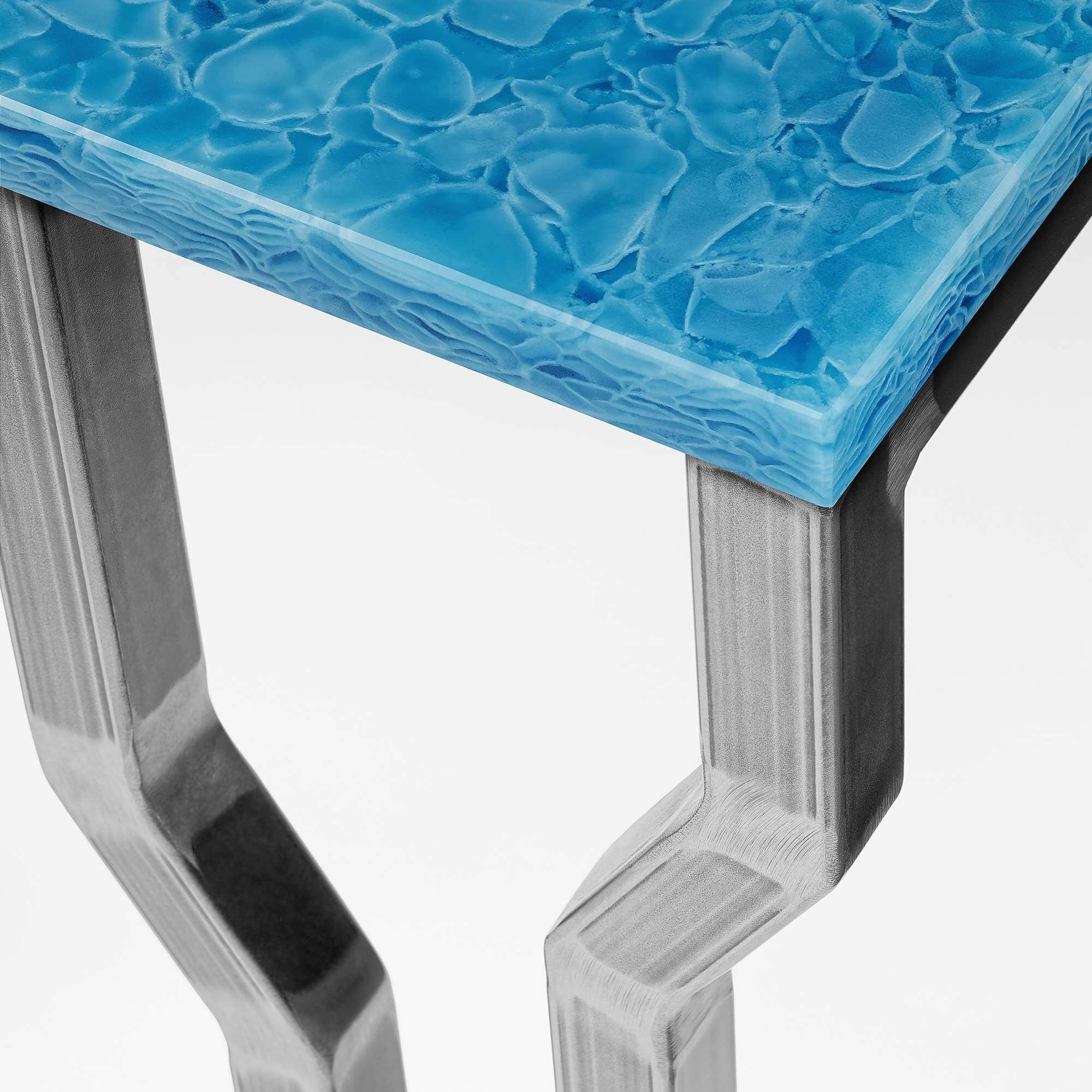 GLASKERAMIK, mit Blue eckig, Couchtisch Atelier silber 110x50x40cm MAGNA Ocean VALLEY Metallgestell, SILICON Couchtisch