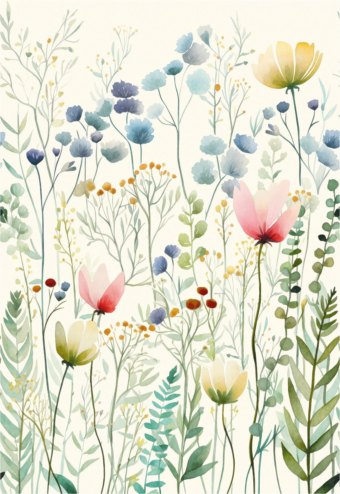 living walls Fototapete The Wall 4 Flowers – Blumenwiese mit Blätterranken Vlies-Fototapete, leicht strukturiert, floral, matt, botanisch, (1 St), Blumenwiese mit Blätterranken – natürlicher Tiefenwirkung