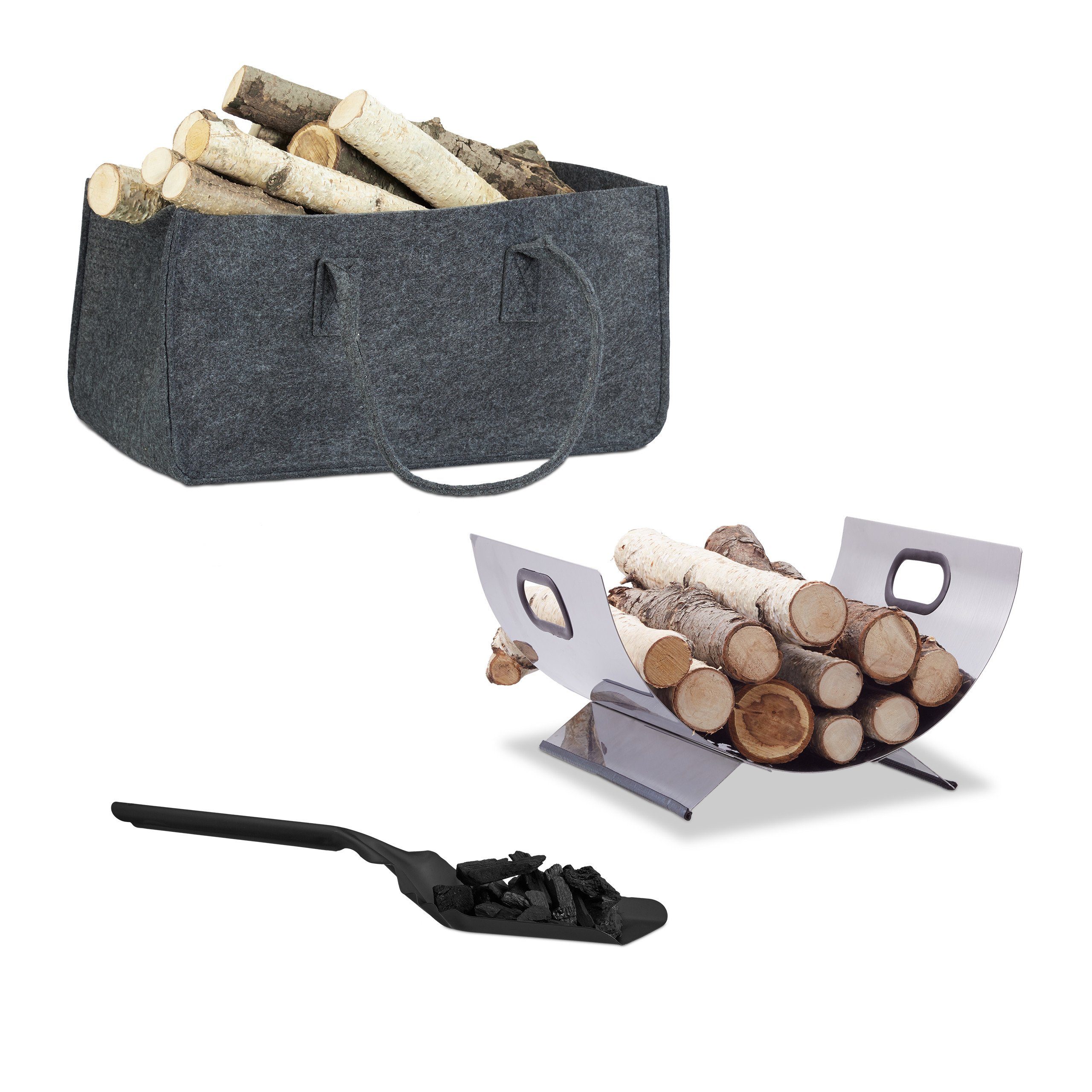 relaxdays Kaminholzkorb 3 tlg. Kamin-Set