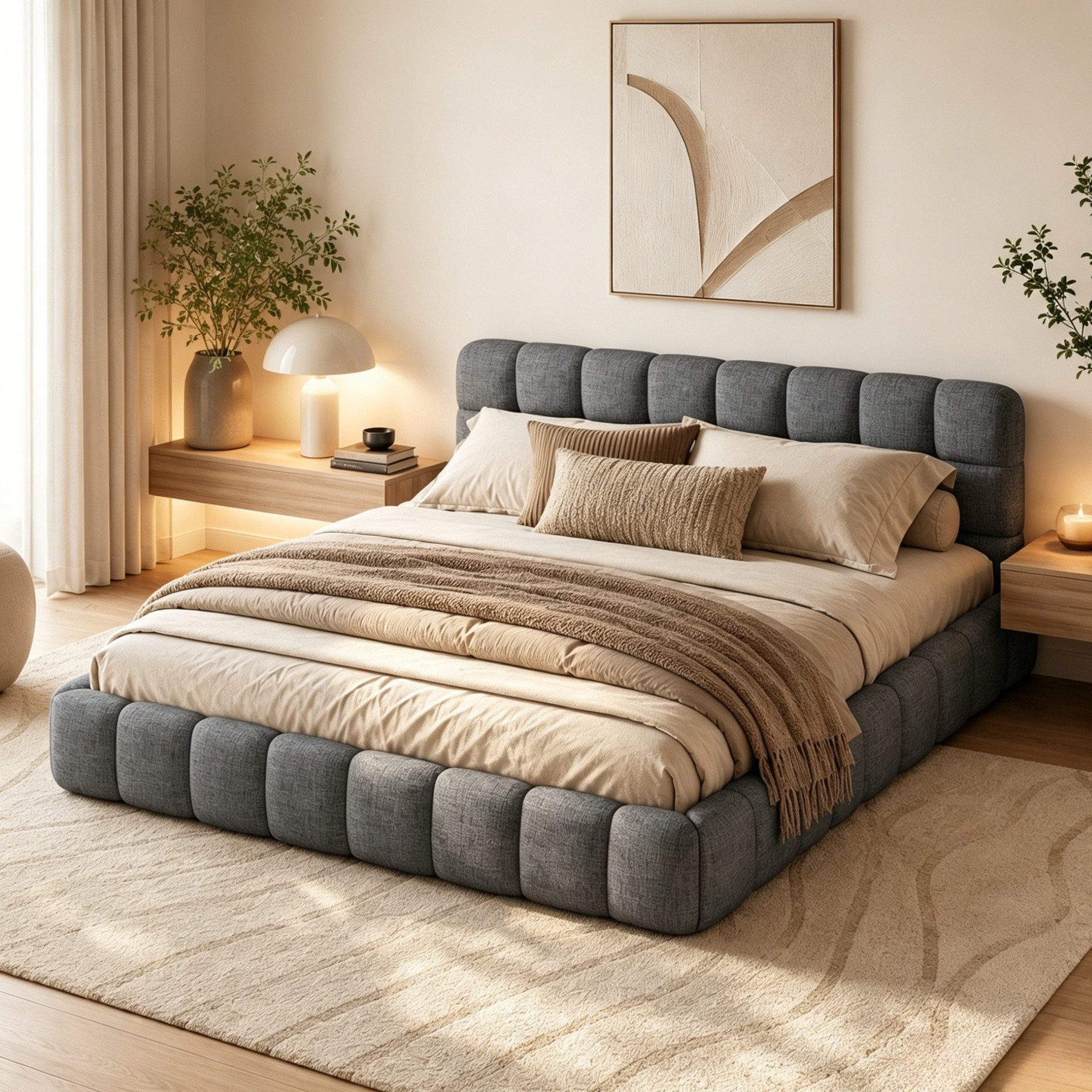Simurq Polsterbett 140x200 cm Doppelbett Modernes, Jugendbett Leinen Stoff (1-tlg., ohne Matratze), Bubble Bett Mit Lattenrost gepolstertes Kopfteil