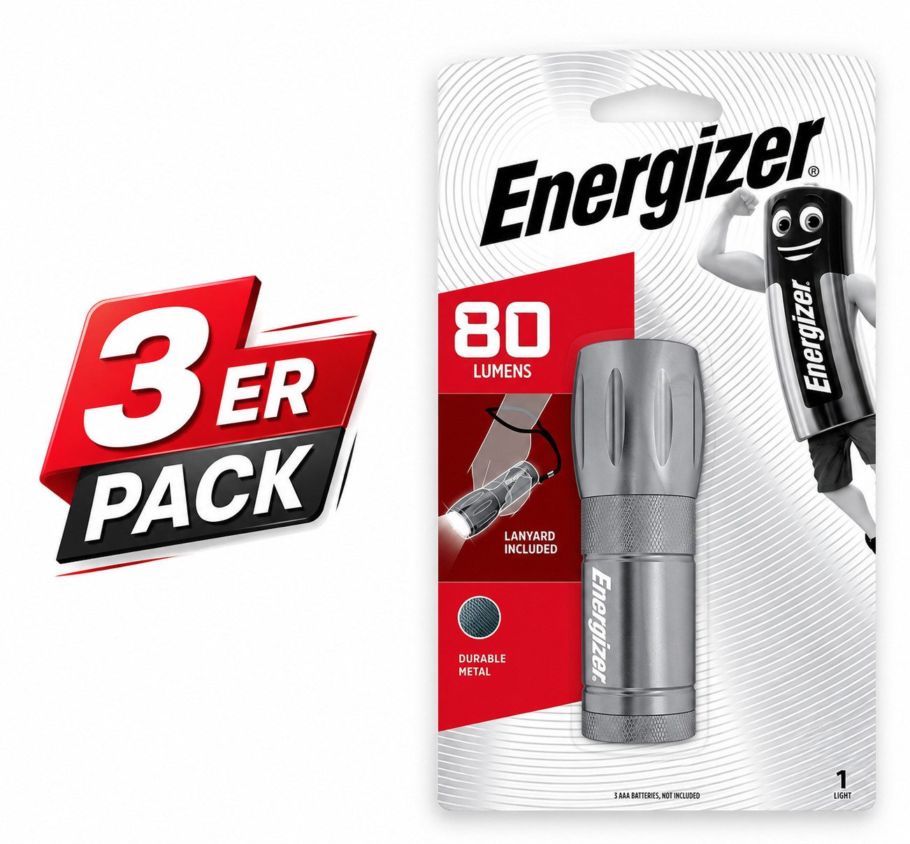 Energizer LED Taschenlampe 3X LED Handlampe 80lm Robust Kompakt Arbeitsleuchte Batterie, Camping Outdoor Mini Taschenlampe Licht Taschenlampen Set 3 Stück