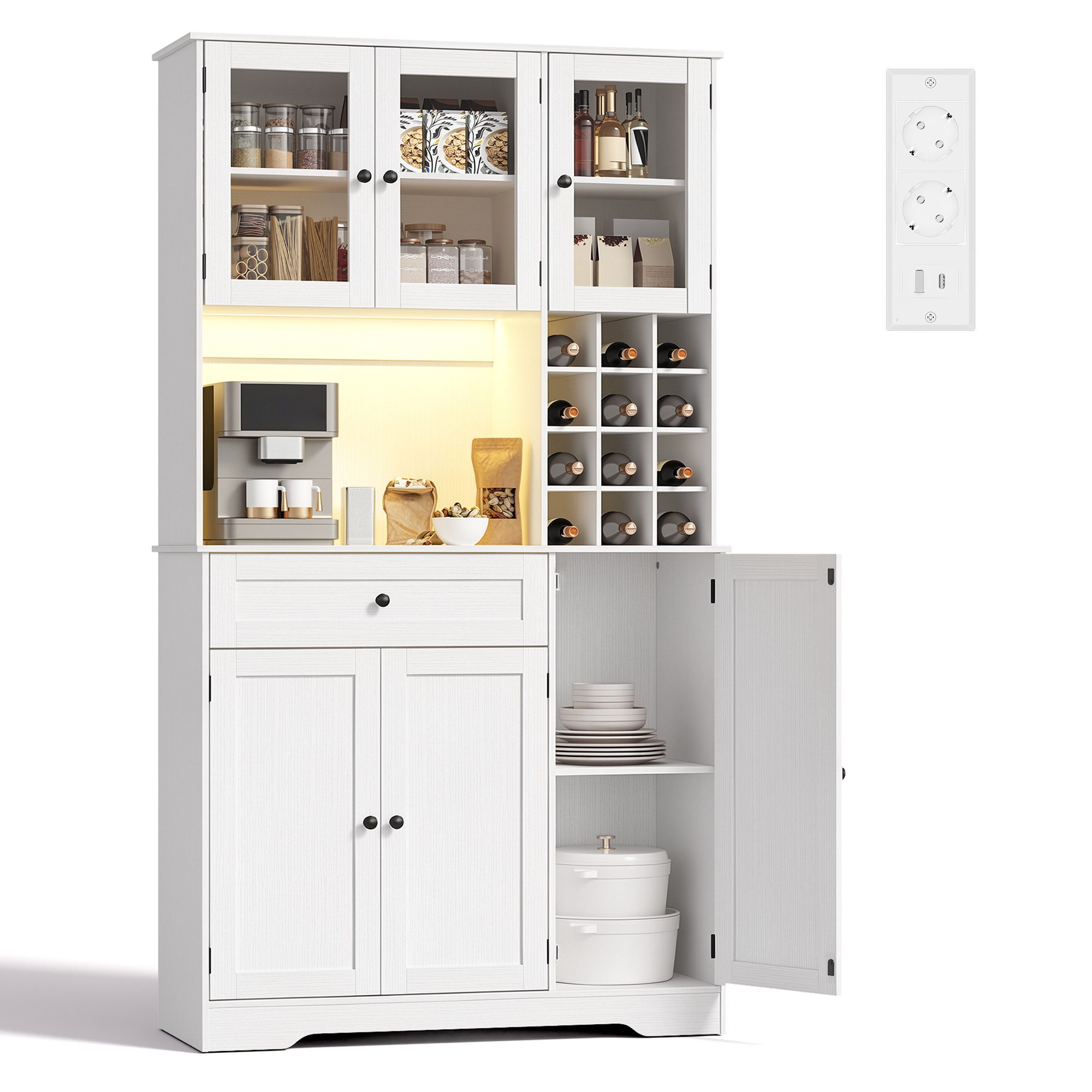 Blishom Küchenbuffet Küchenbuffet mit LED-Beleuchtung, Steckdosenfeld und Weinregal Verstellbare Einlegeböden, abnehmbares Weinregal und magnetische Türen