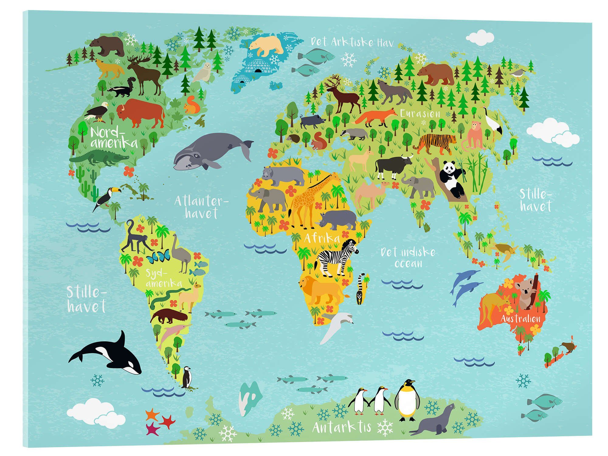 Posterlounge Wandbild Weltkarte der Tiere (Dänisch), Kidz Collection, erhältlich als Poster, Leinwandbild, Wandsticker oder Acrylglasbild