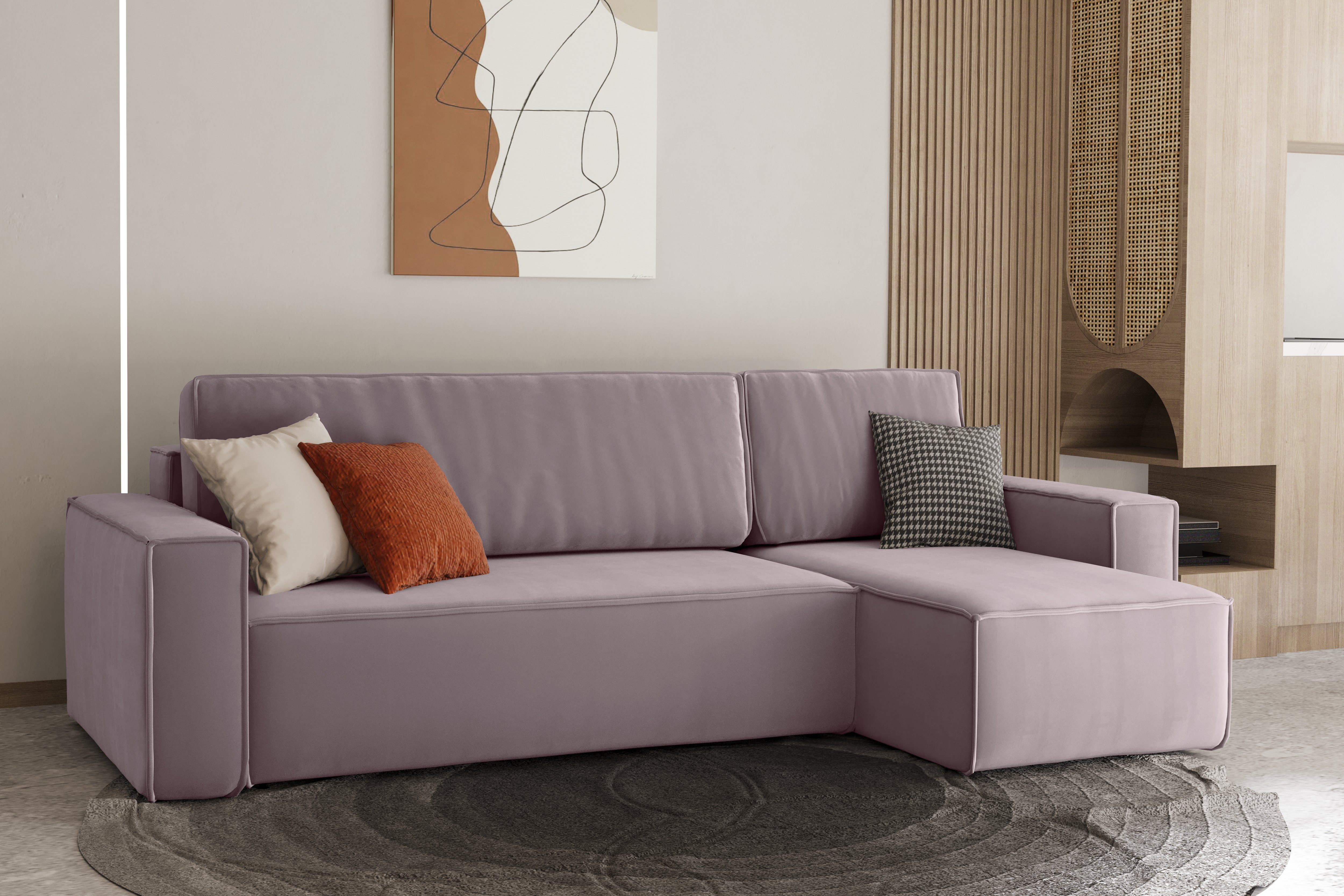 Ausklappbare Bettkasten mit Swing KARL Schlaffunktion 13 Ecksofa Rosa, Friderik-EU Blau mit Samt Couch