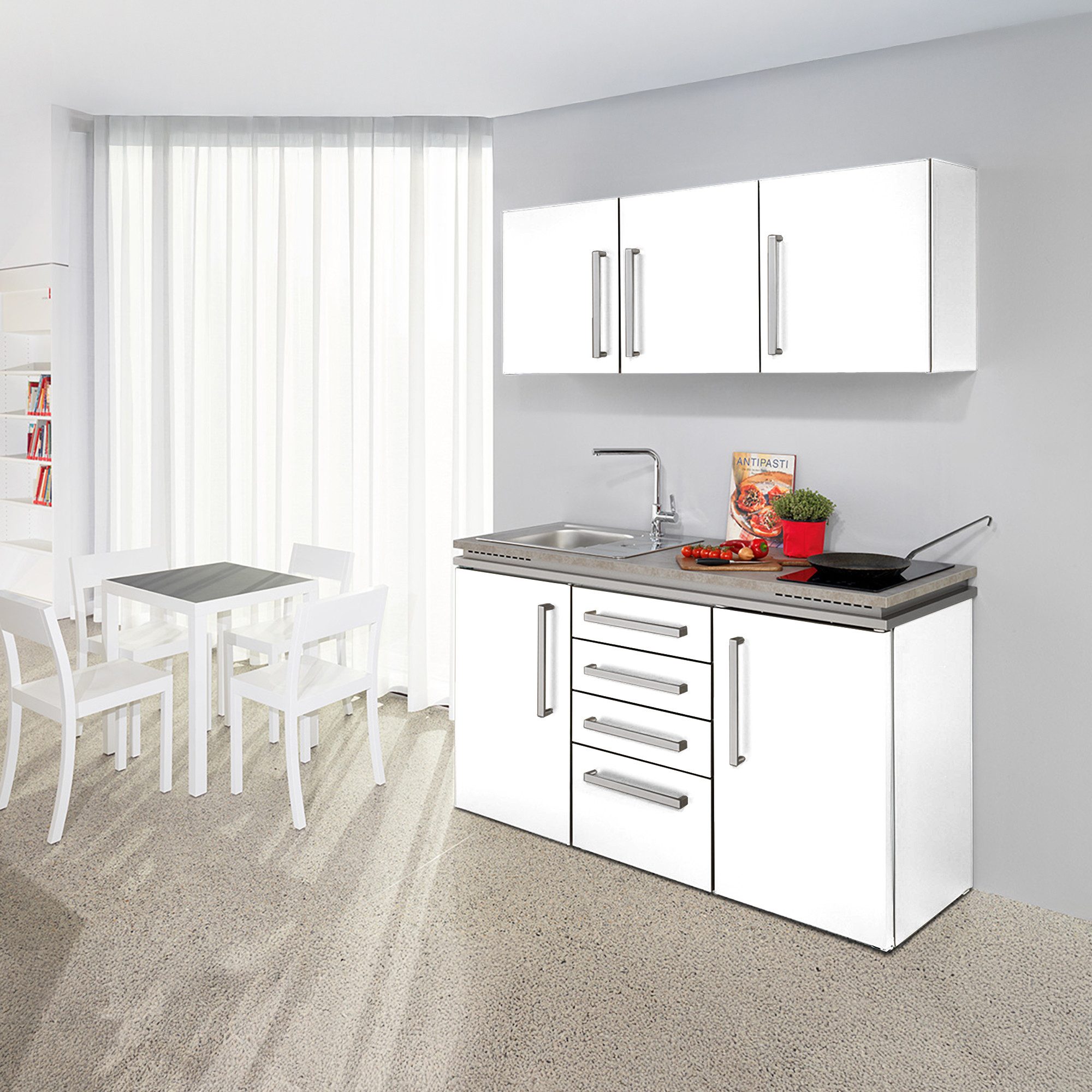 Stengel Küchenzeile 150 cm LUCA Küchenblock aus Metall mit E-Geräten, Singleküche, Küchenblock mit Spüle, E-Geräten: Kühlschrank, Induktionskochfeld