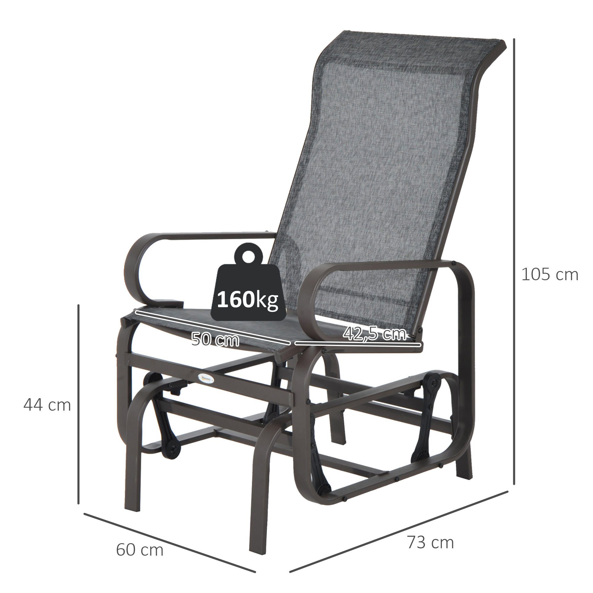 Outsunny Schaukelstuhl Relaxstuhl Gartenschaukel Metall Stuhl für Garten Terrasse Balkon (Gartenstuhl, 1 St), Texteline, Grau, 60 x 78 x 105 cm
