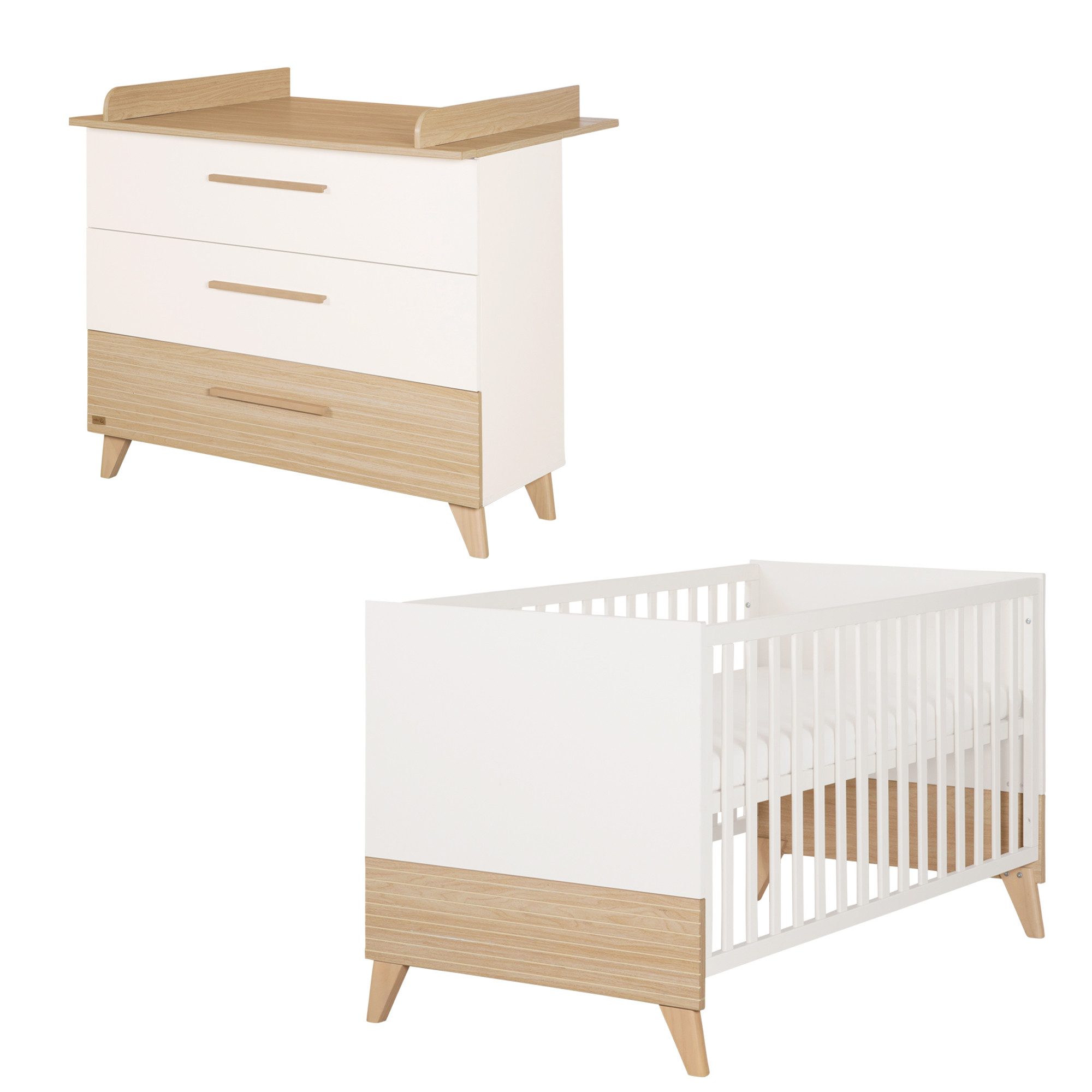 roba® Babymöbel-Set Theo - modernes Kinderzimmer in Weiß & Ulme - Holz, (2-teiliges Set, Babybett 70 x 140 cm & Wickelkommode mit Wickelansatz), Griffe & Füße aus Massivholz - Kinderzimmer Set in Weiß / Ulme