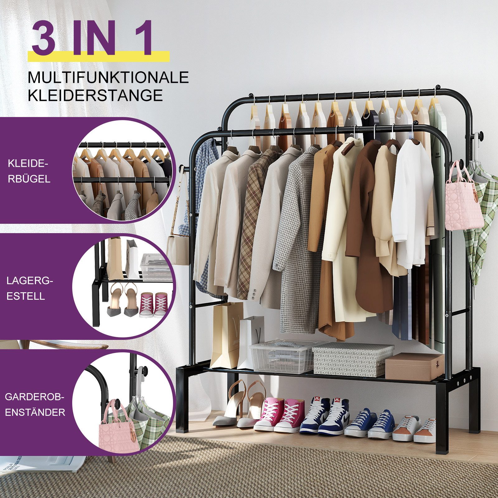 loefme Kleiderständer 3-in-1 Garderobenständer, Metall Kleiderstange offen, (mit Seitenhaken), Einfache Montage Multifunktionaler Kleiderständer, Schwarz