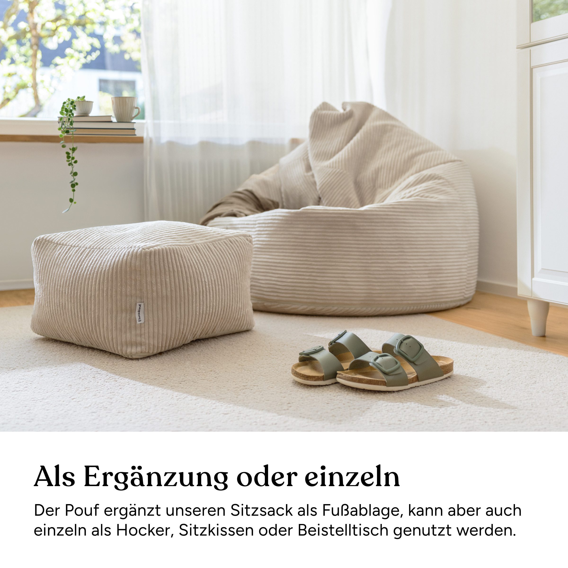 Ehrenkind Sitzsack Pouf Cord (Eckig Blaugrün, mit EPS-Füllung, abnehmbarem Bezug und Innensack), Sitzkissen für Kinderzimmer, Bezug bei 30 °C waschbar