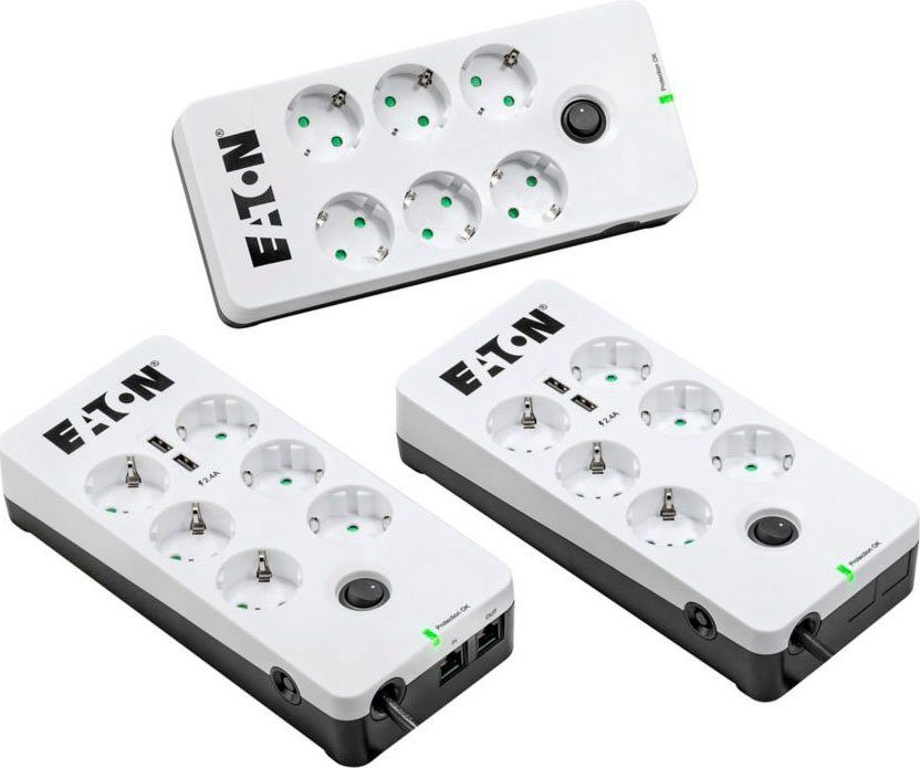 EATON Protection Box 6 DIN Mehrfachsteckdose 6-fach (Ein- / Ausschalter, LED-Statusanzeige, Überspannungsschutz, Kabellänge 1,5 m), High-End Überspannungsschutzgerät mit mehreren Ausgängen