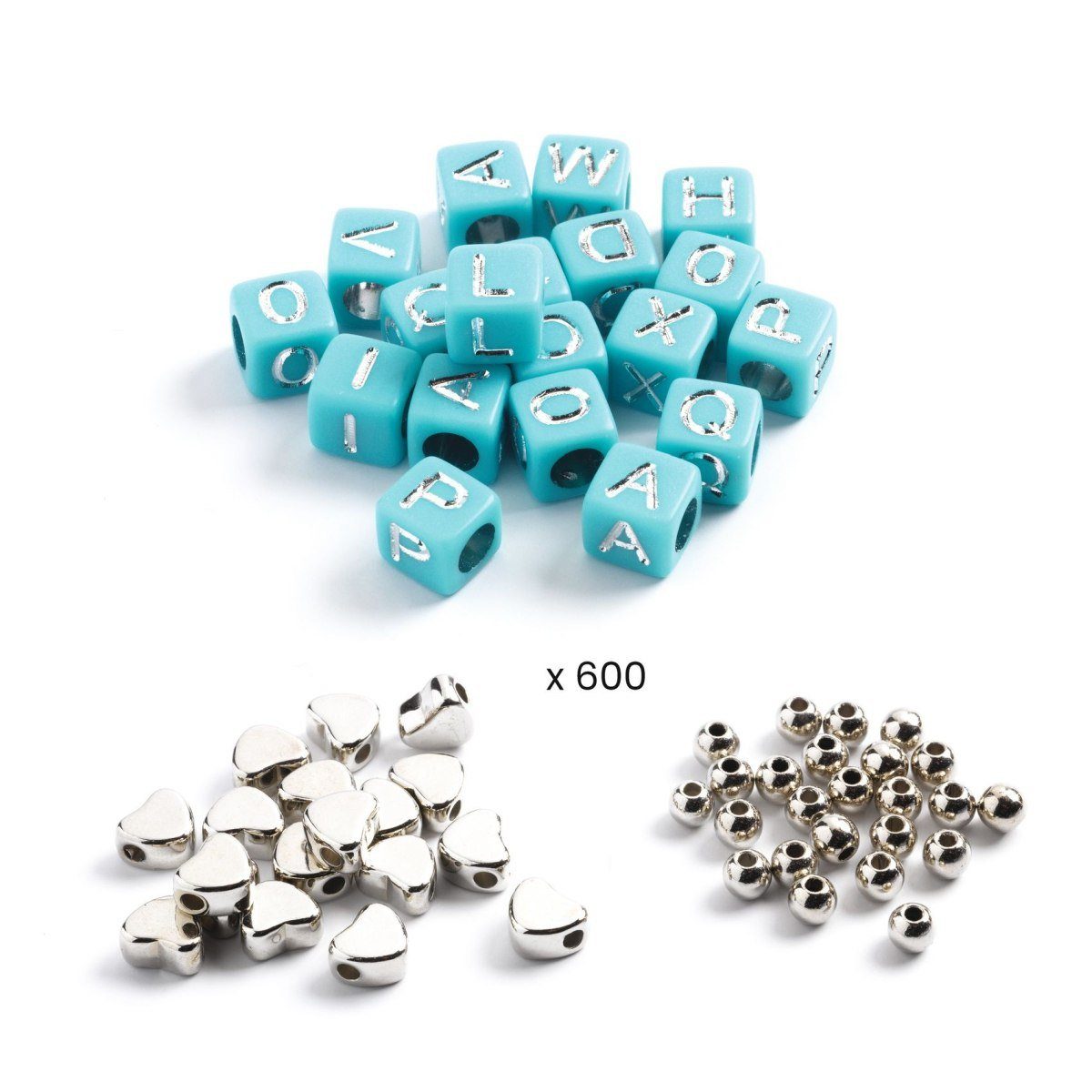 DJECO Kreativset Schmuck basteln: Buchstaben Armbänder 1000 Perlen Silber Bastelset