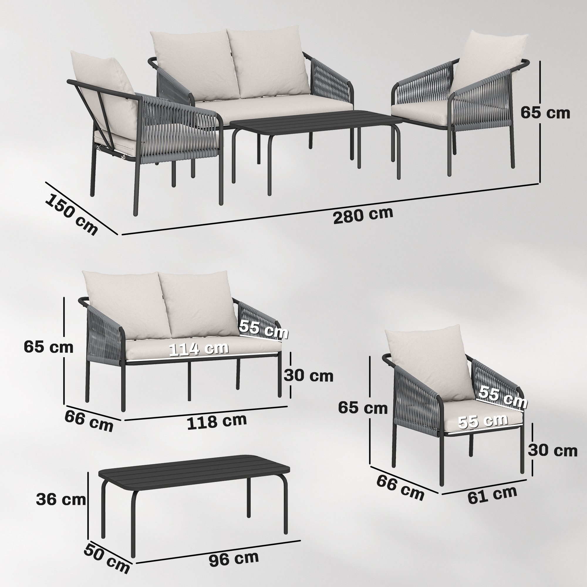 Outsunny Sitzgruppe Gartenmöbel Lounge mit Bindebändern Stahlrahmen Balkonmöbel Khaki, (Set, 4-tlg., 1 Tisch, 2 Sessel, 1 Zweisitzer), 4-teilig, inkl. Polster, wetterbeständiges Polyrattan