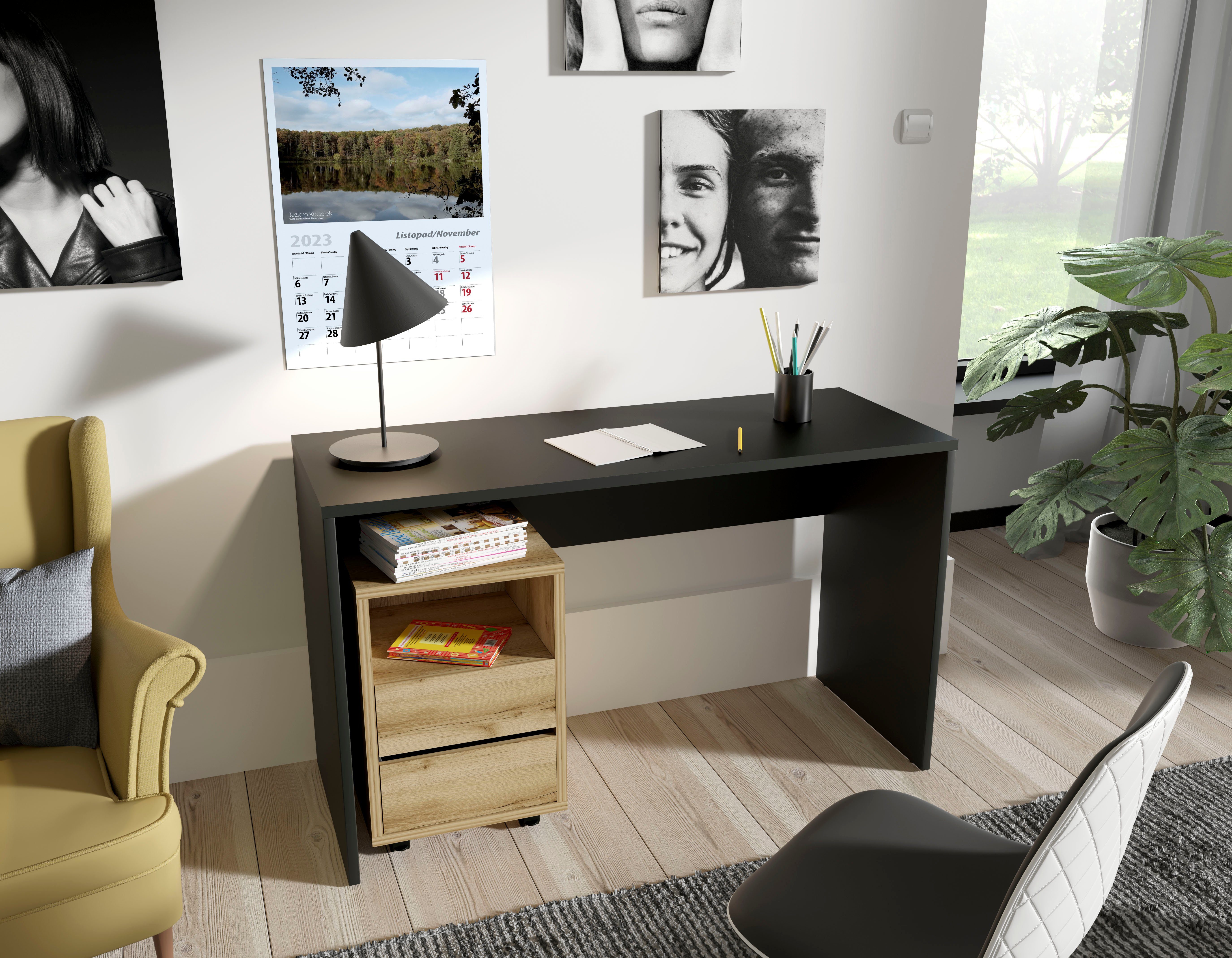 Helvetia Büro-Set schwarz/eiche (Set, im und modernen Schreibtisch grand aus bestehend Design Rollcontainer 2-St), natural Agapi