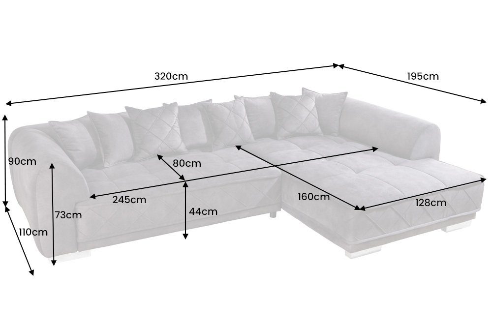 L-Form · Modern Samt 1 DECADENCIA · Couch 320cm Design · Wohnzimmer · Ecksofa riess-ambiente Teile, Einzelartikel dunkelgrau, XXL inkl. Kissen ·